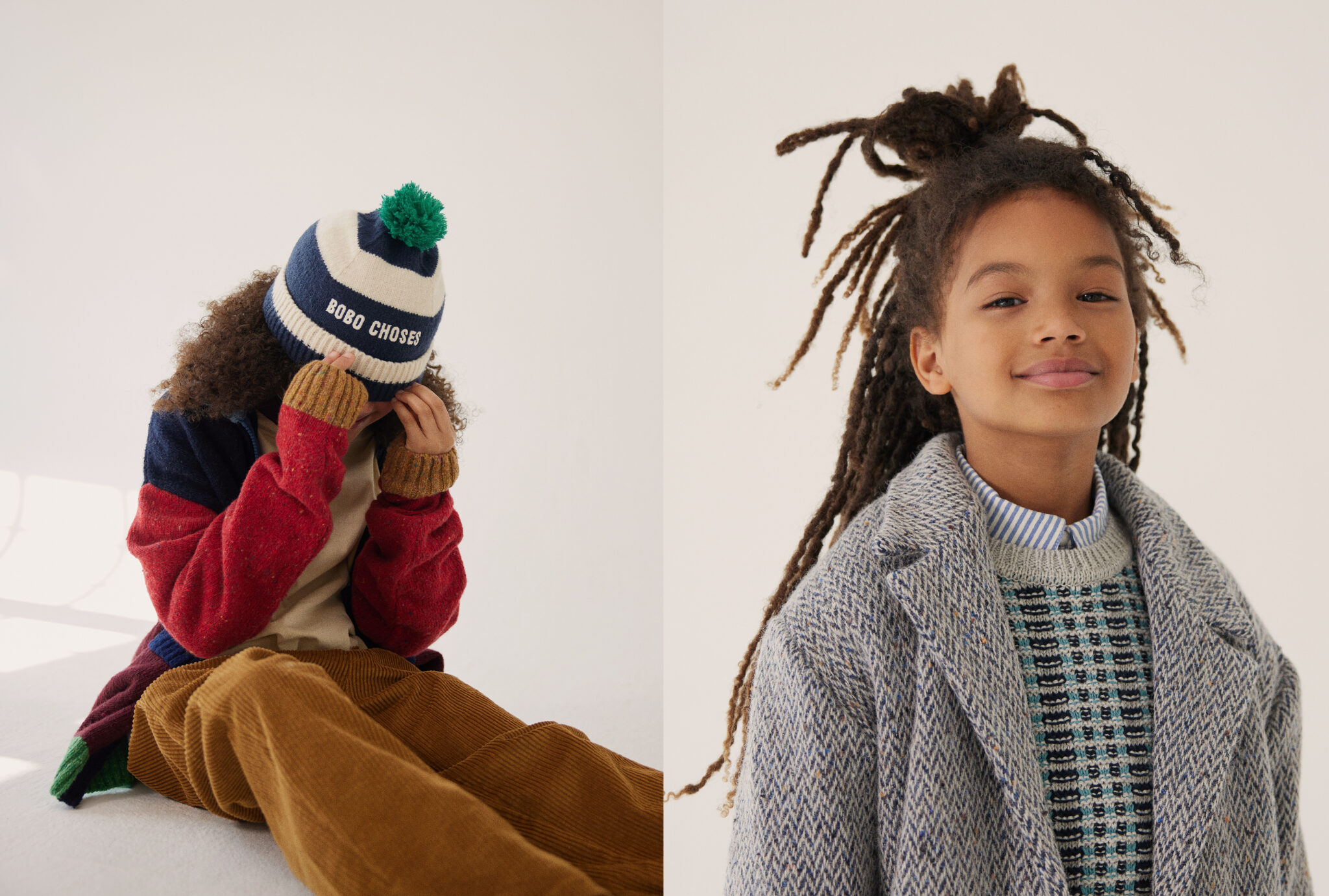 Two children from Dancing With Myself FW25 by Alex Klever for Scimparello Magazine. Left: wearing cardigan and hat BOBO CHOSES, turtleneck COCO AU LAIT, longsleeve and socks MAIN STORY, pants TANGERINE. Right: wearing coat COCO AU LAIT, shirt KENZO, and pullover BEBE ORGANIC. A modern kids fashion story full of warmth, color, and playful confidence.