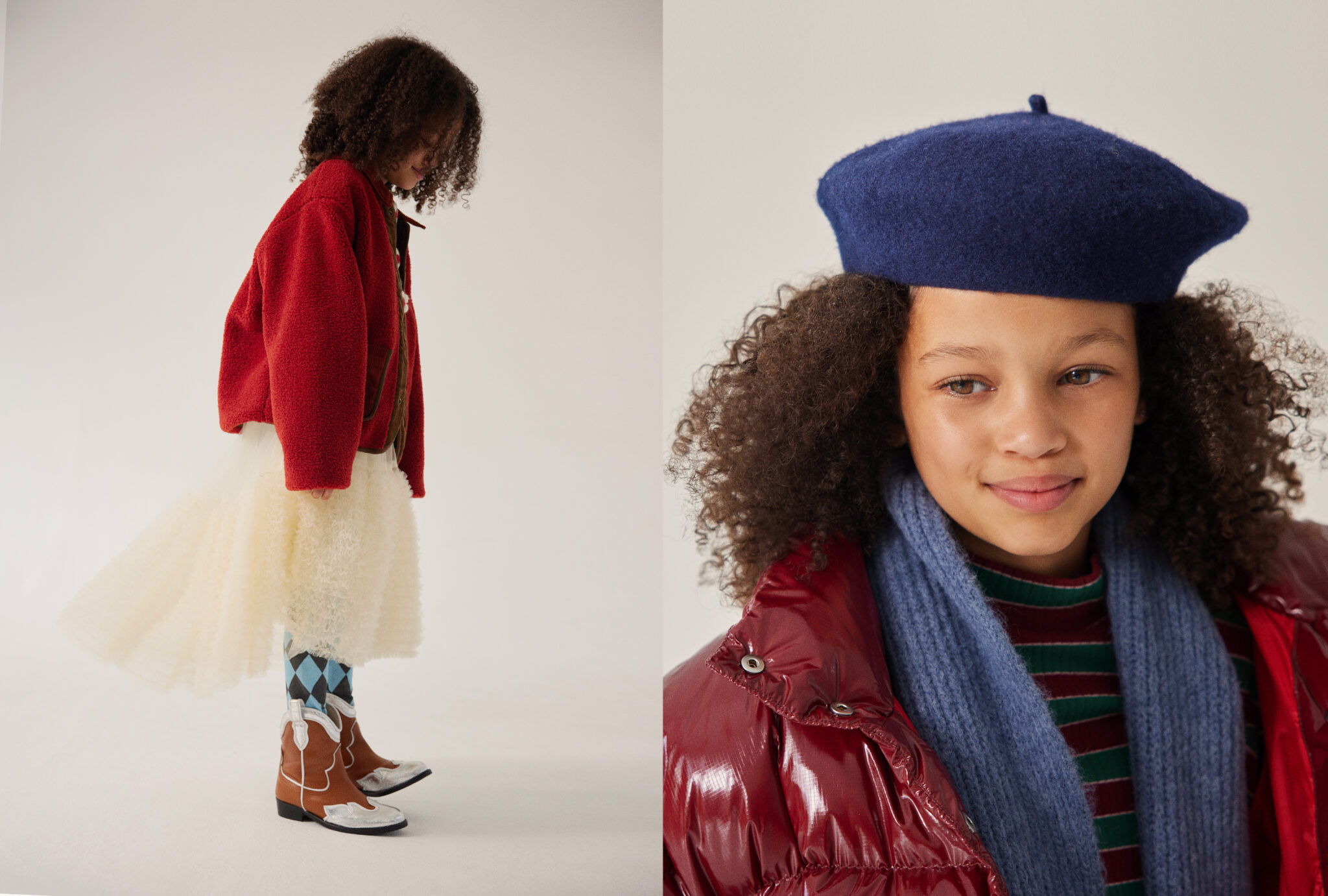 Two portraits from Dancing With Myself FW25 by Alex Klever for Scimparello Magazine. Left: girl in jacket BOBO CHOSES, cardigan COMPANIA FANTASTICA MINI, skirt C’ERA UNA VOLTA, leggings and boots MAISON MANGOSTAN. Right: girl wearing jacket BELLEROSE, scarf TANGERINE, hat C’ERA UNA VOLTA, and T-shirt BOBO CHOSES. A playful mix of textures and colors that captures the joyful energy of winter fashion.