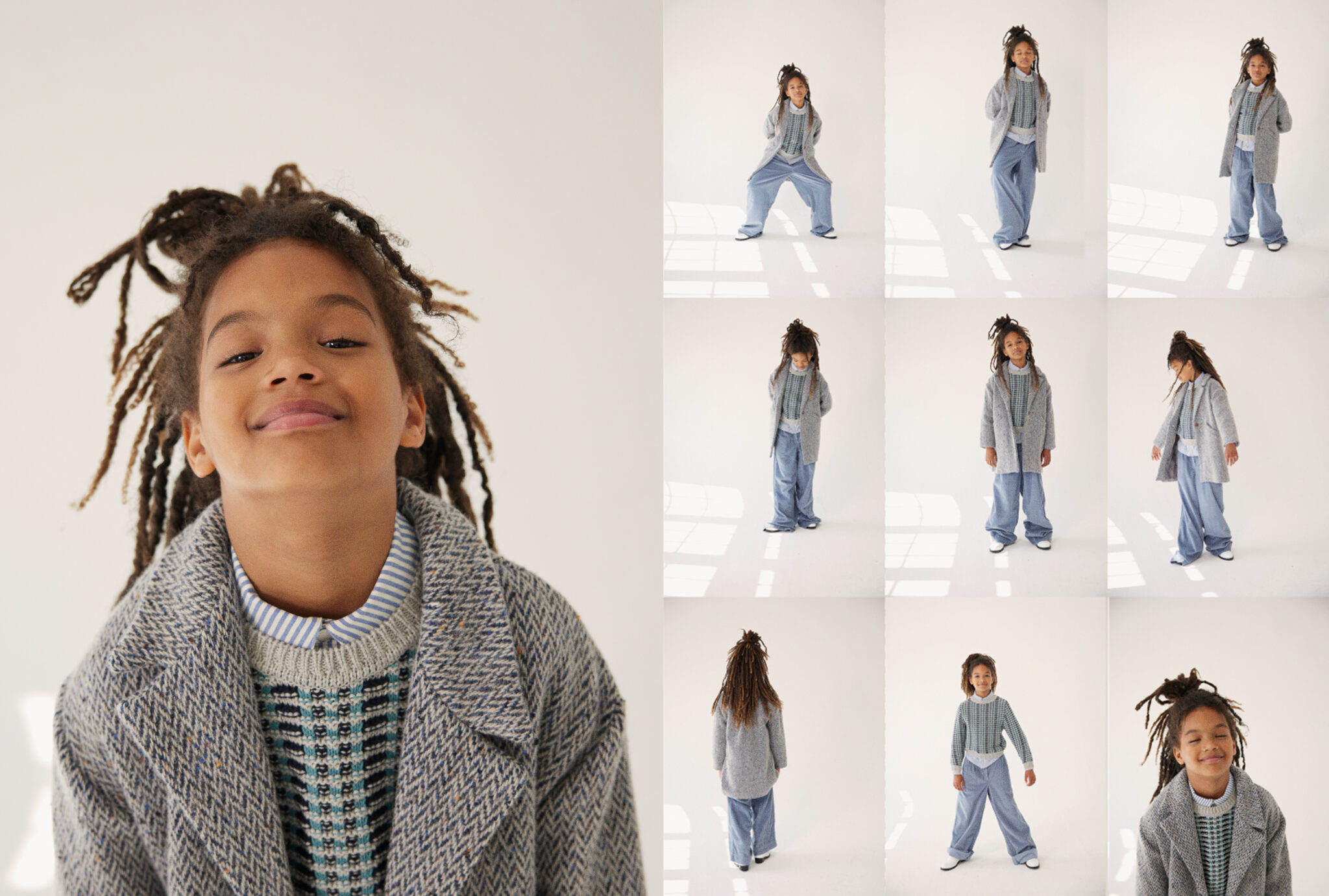 Girl smiling and dancing in a light-filled studio, wearing coat COCO AU LAIT, shirt KENZO, pullover BEBE ORGANIC, pants BELLEROSE, and shoes MAISON MANGOSTAN. From Dancing With Myself FW25 by Alex Klever for Scimparello Magazine – a joyful expression of confidence, comfort, and playful movement.