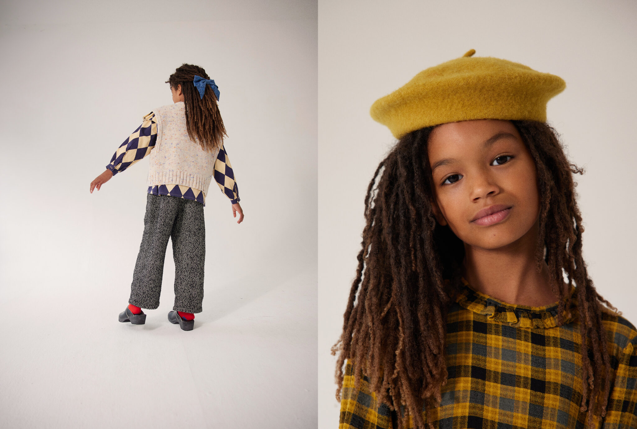 Two portraits from Dancing With Myself FW25 by Alex Klever for Scimparello Magazine. Left: girl dancing in blouse MAISON MANGOSTAN, vest BELLEROSE, pants LITTLE CREATIVE FACTORY, socks BOBO CHOSES, vintage shoes, and bow TANGERINE. Right: girl wearing yellow plaid dress OXOX CLUB and hat C’ERA UNA VOLTA. A mix of vintage charm and playful modernity.