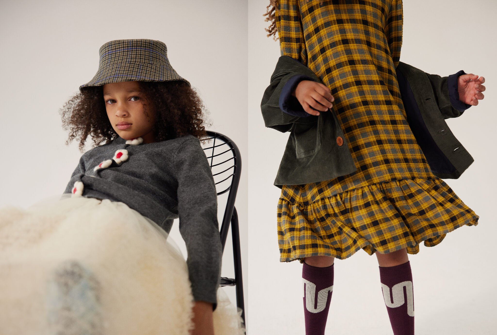 Two portraits from Dancing With Myself FW25 by Alex Klever for Scimparello Magazine. Left: girl seated wearing cardigan COMPANIA FANTASTICA MINI, skirt C’ERA UNA VOLTA, and hat TANGERINE. Right: close-up of girl in yellow checked dress OXOX CLUB and socks MAIN STORY. A cozy mix of playful prints and soft fabrics that express individuality and charm.