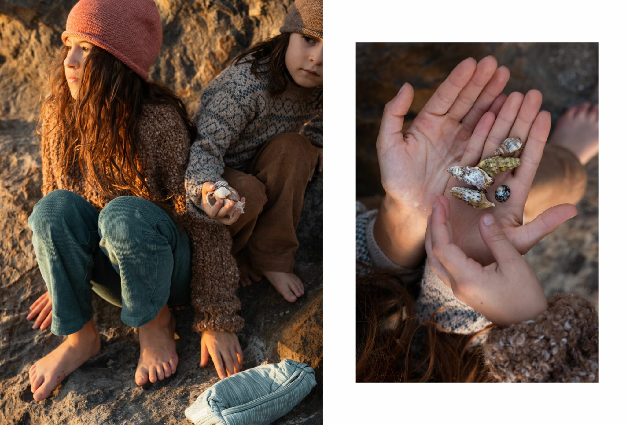 Children sitting barefoot on coastal rocks at golden hour, wearing knitwear and corduroy trousers, one child holding seashells. Photo by Manuela Franjou for Scimparello Magazine.right page: Close-up of a child’s hands holding small seashells on the beach, with textured knitwear visible in the frame. Photo by Manuela Franjou for Scimparello Magazine.