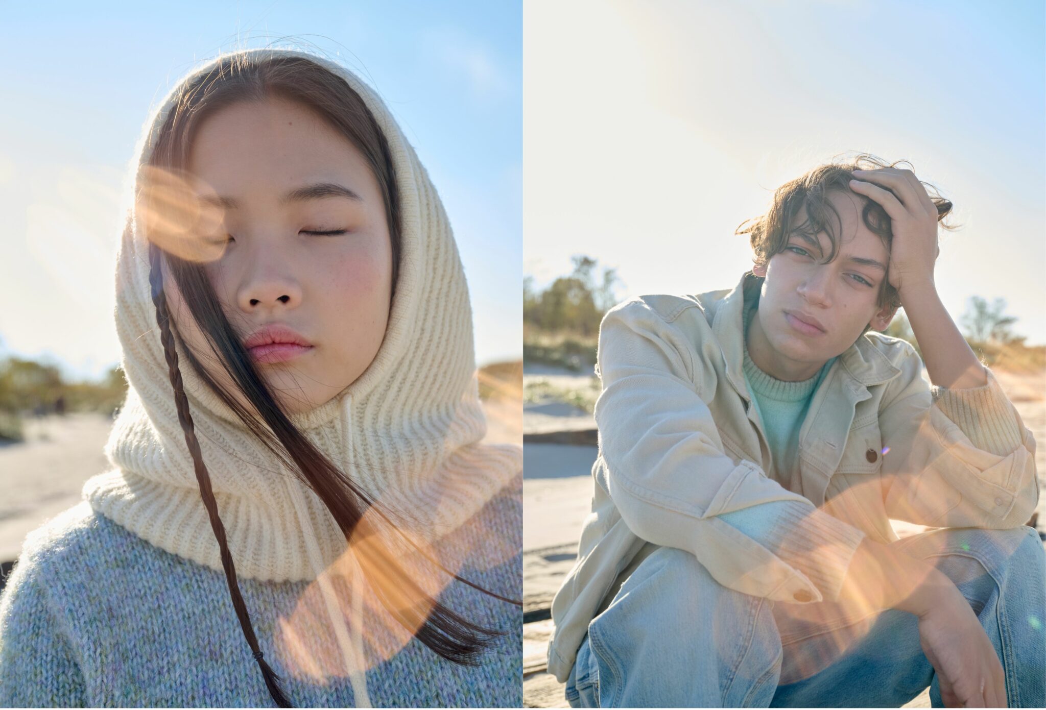 Split portrait of two teens on a sunlit beach. On the left, a girl with closed eyes wears a cream knitted hood and a soft melange sweater, strands of hair moving in the breeze with warm lens flares. On the right, a boy sits with one hand in his hair, wearing a light jacket and pastel sweater, looking toward the camera. Natural light and soft colors create a calm, reflective mood. Photo by Jay Fenwick, editorial published in Scimparello Magazine.