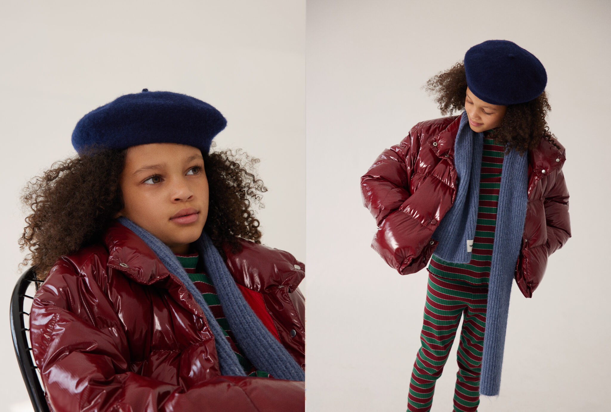 Girl in a red puffer jacket BELLEROSE, striped longsleeve and leggings BOBO CHOSES, socks TRUE ARTIST, vintage shoes, blue scarf TANGERINE, and navy beret C’ERA UNA VOLTA. From Dancing With Myself FW25 by Alex Klever for Scimparello Magazine – a bold and cozy winter look full of attitude and color.