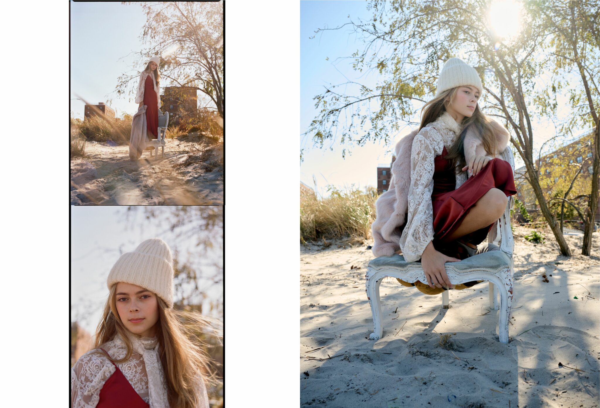 A girl poses on a sandy beach surrounded by soft winter light and sparse trees. She wears a white knitted beanie, a lace blouse with wide sleeves, a red dress, and a pale faux-fur coat draped over her shoulders. In the left sequence, she stands and walks through the dunes, then appears in a close portrait with the beanie. On the right, she sits perched on a vintage white chair with carved legs. Warm colors and sun flares create a dreamy, nostalgic mood. Photo by Jay Fenwick, editorial published in Scimparello Magazine.