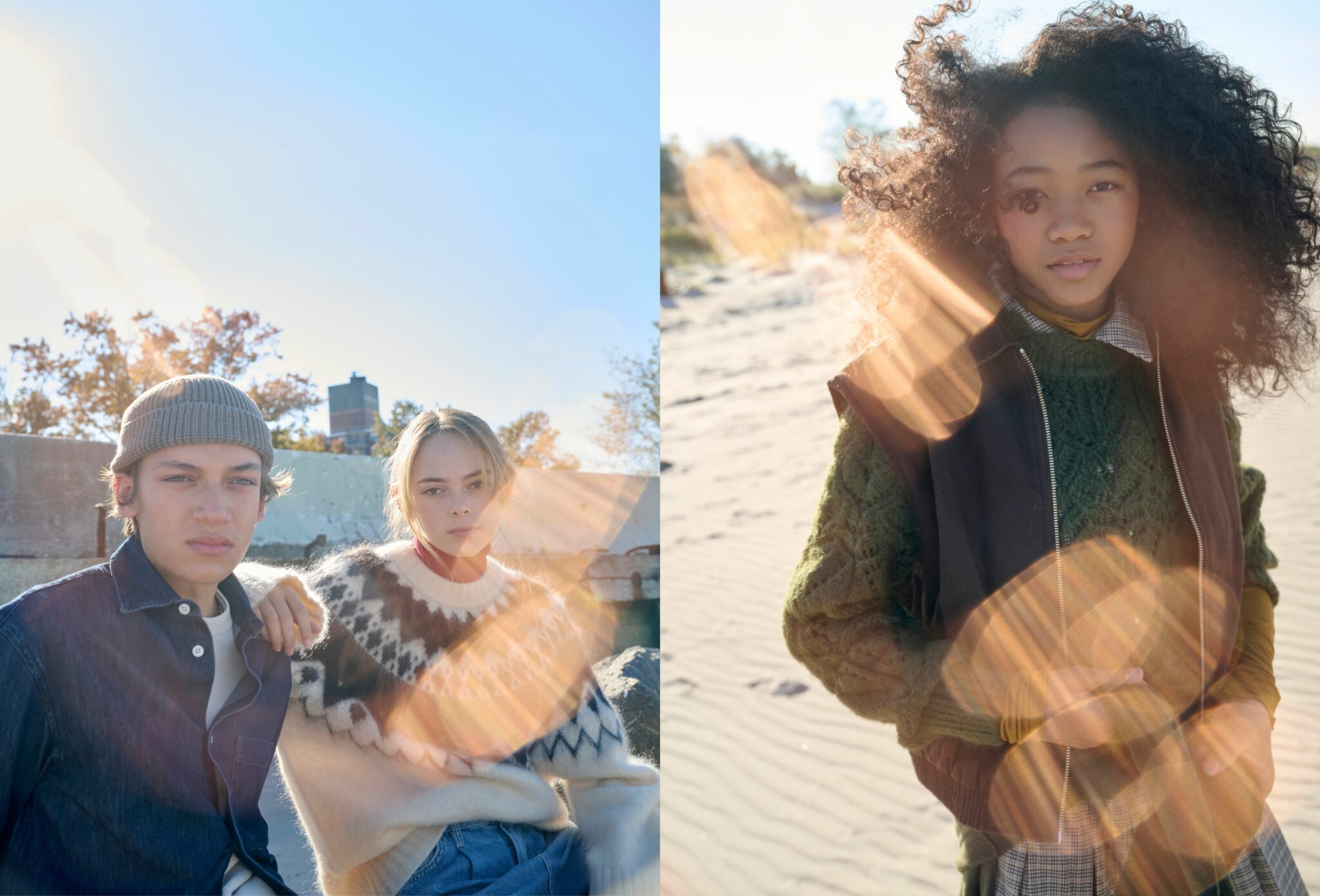 Split image of three teens photographed in soft winter sunlight with warm lens flares. On the left, a boy in a grey beanie and denim shirt sits beside a girl wearing a cream and brown patterned knit sweater, both looking toward the camera. On the right, a girl with voluminous curly hair stands on the sand wearing a textured green knit, checked shirt, and dark vest. Natural light and calm tones create a gentle, outdoor mood. Photo by Jay Fenwick, editorial published in Scimparello Magazine.