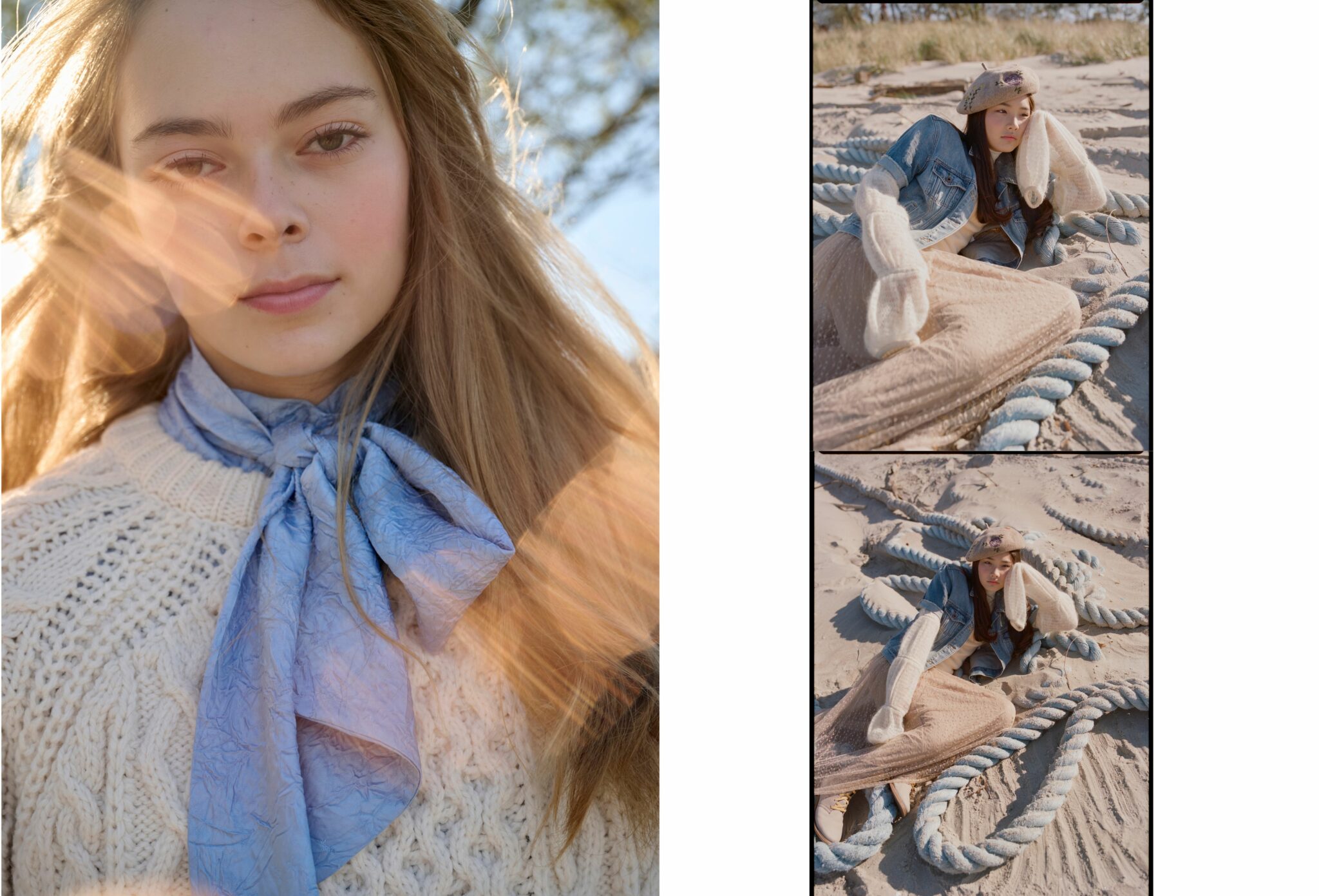 Split image featuring a girl photographed in warm sunlight on a sandy beach. On the left, a close portrait shows her wearing a cream cable-knit sweater and a light blue scarf tied in a bow, with lens flares catching her hair. On the right, she is lying on the sand among large coiled ropes, dressed in a denim jacket, long cream knit sleeves, a soft beige skirt, and a beret. The mood is gentle and serene. Photo by Jay Fenwick, editorial published in Scimparello Magazine.