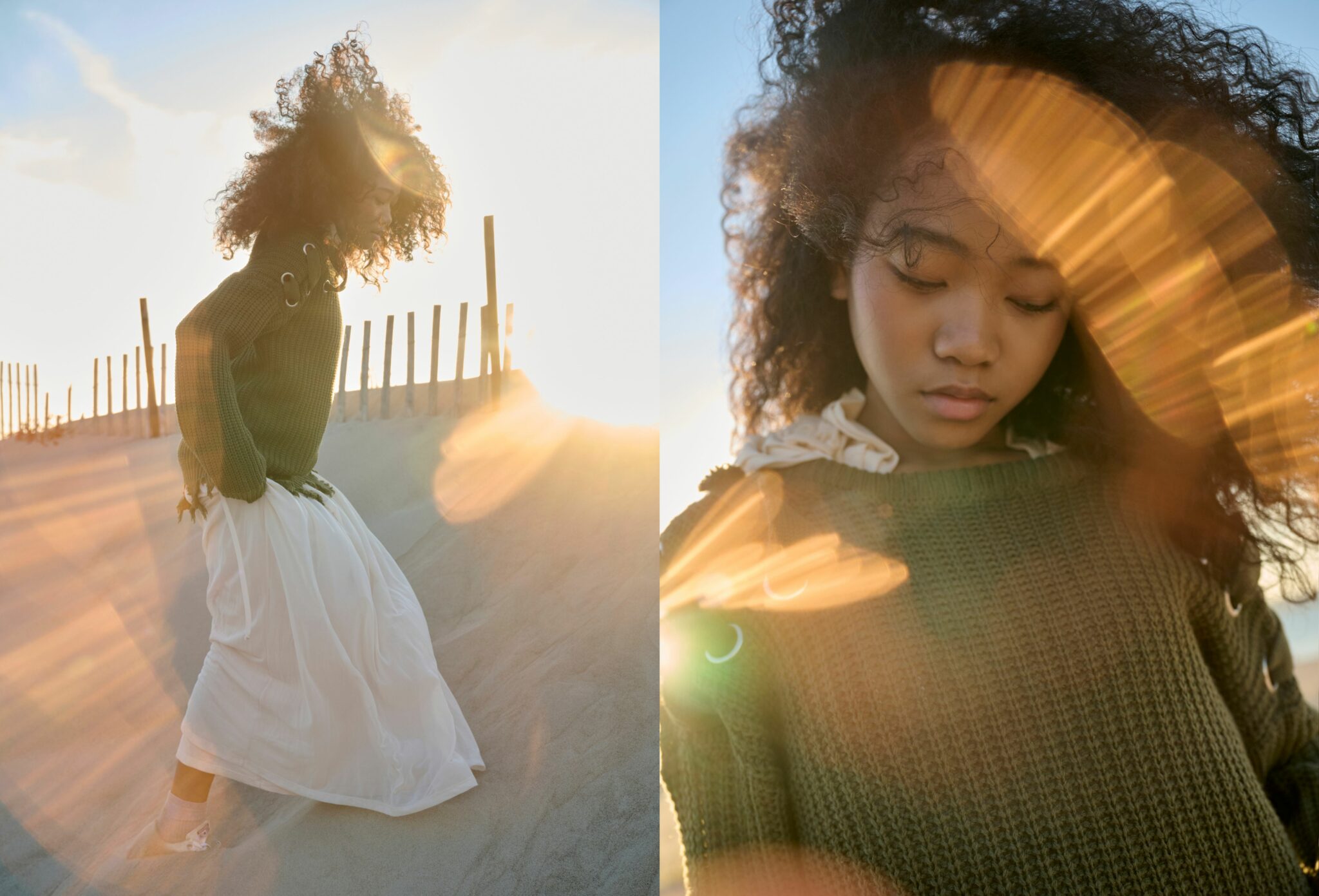 Split image of a girl photographed on a sandy beach in warm, golden light. On the left, a close portrait shows her wearing a cream cable-knit sweater and a light blue scarf tied in a bow, with sun flares across her hair. On the right, she lies among large coiled ropes, dressed in a denim jacket, long cream knit sleeves, a soft beige skirt, and a beret. The scene feels calm and textured. Photo by Jay Split image of a girl walking on sandy dunes at sunset. On the left, she moves across the slope wearing a green textured sweater and a long white skirt, her curly hair lifted by the wind with warm sun flares behind her. On the right, a close portrait shows her looking down softly as golden lens flares catch her curls and sweater. The mood is quiet and atmospheric. Photo by Jay Fenwick, editorial published in Scimparello Magazine.