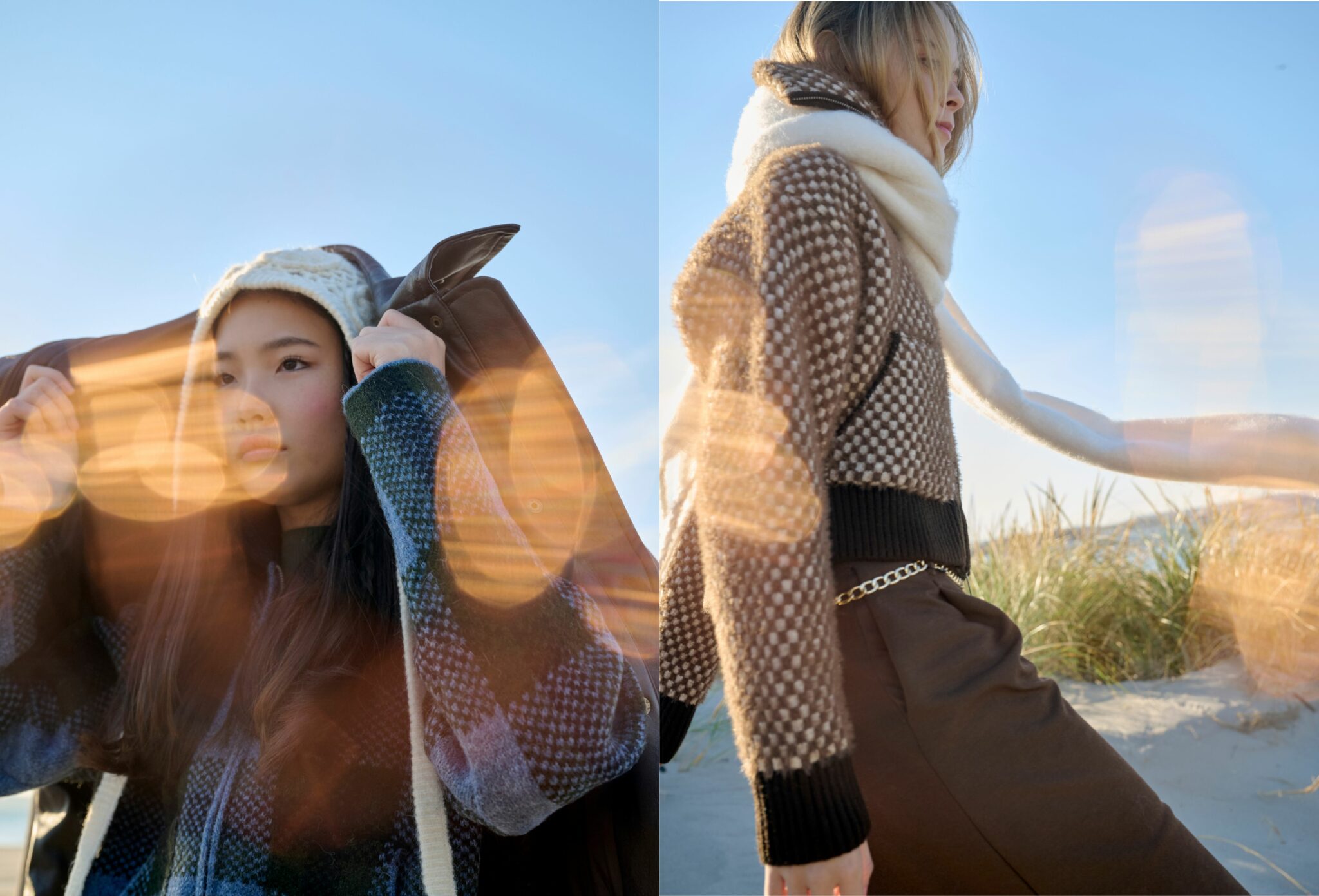 Split image of two girls photographed on a sunlit beach with warm lens flares. On the left, a girl wears a knitted hood and a checked blue-and-green sweater, lifting a brown coat over her shoulders against a clear sky. On the right, another girl walks through the dunes wearing a textured brown-and-cream knit sweater, wide scarf, and brown trousers with a chain belt. Soft winter light creates a cozy, outdoor mood. Photo by Jay Fenwick, editorial published in Scimparello Magazine.