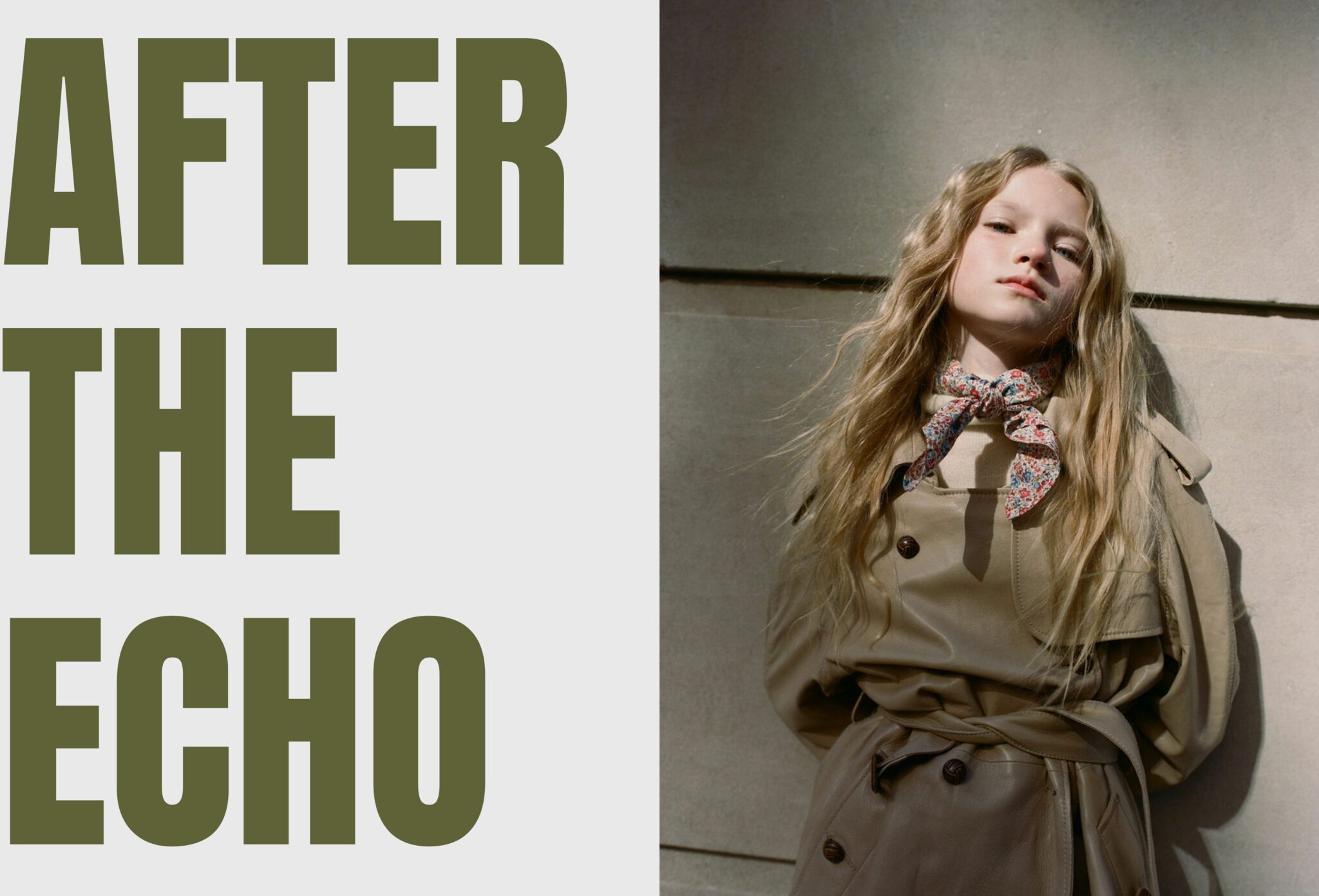 Girl wearing a trench coat and a floral scarf standing against a concrete wall, lit by soft natural light. Photography by Judy Pak, styling and art direction by Dope Style Kid X Jennifer Grasso for Scimparello Magazine, featuring Gabriel et Valentine.