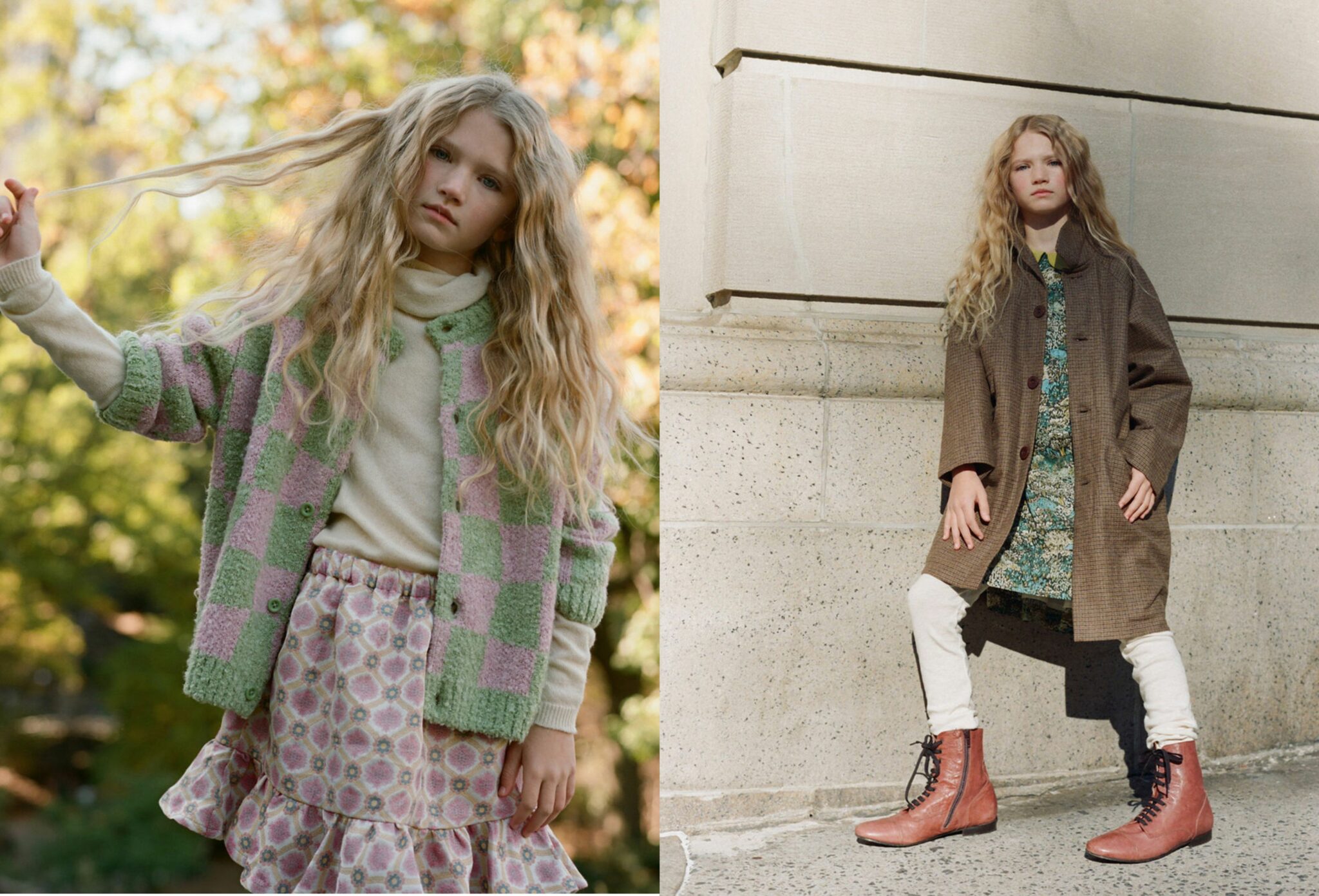 Two portraits of a girl with long blond hair wearing Gabriel et Valentine looks; on the left, she stands outdoors in sunlight wearing a green-and-pink checked cardigan and patterned skirt, and on the right, she poses against a stone wall wearing a brown coat, floral dress and lace-up boots. Photography by Judy Pak, styling and art direction by Dope Style Kid X Jennifer Grasso for Scimparello Magazine.