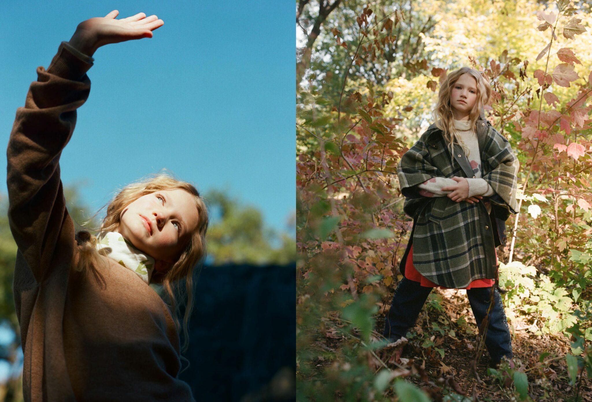 Two portraits of a girl in autumn light; on the left, she reaches her hand toward the sky wearing a Minimalisma sweater. On the right, she stands among colorful fall leaves wearing a Chloe coat layered over a Tangerine sweater and skirt, with Bebe Organic pants and a Minimalisma knit. Photography by Judy Pak, styling and art direction by Dope Style Kid X Jennifer Grasso for Scimparello Magazine.