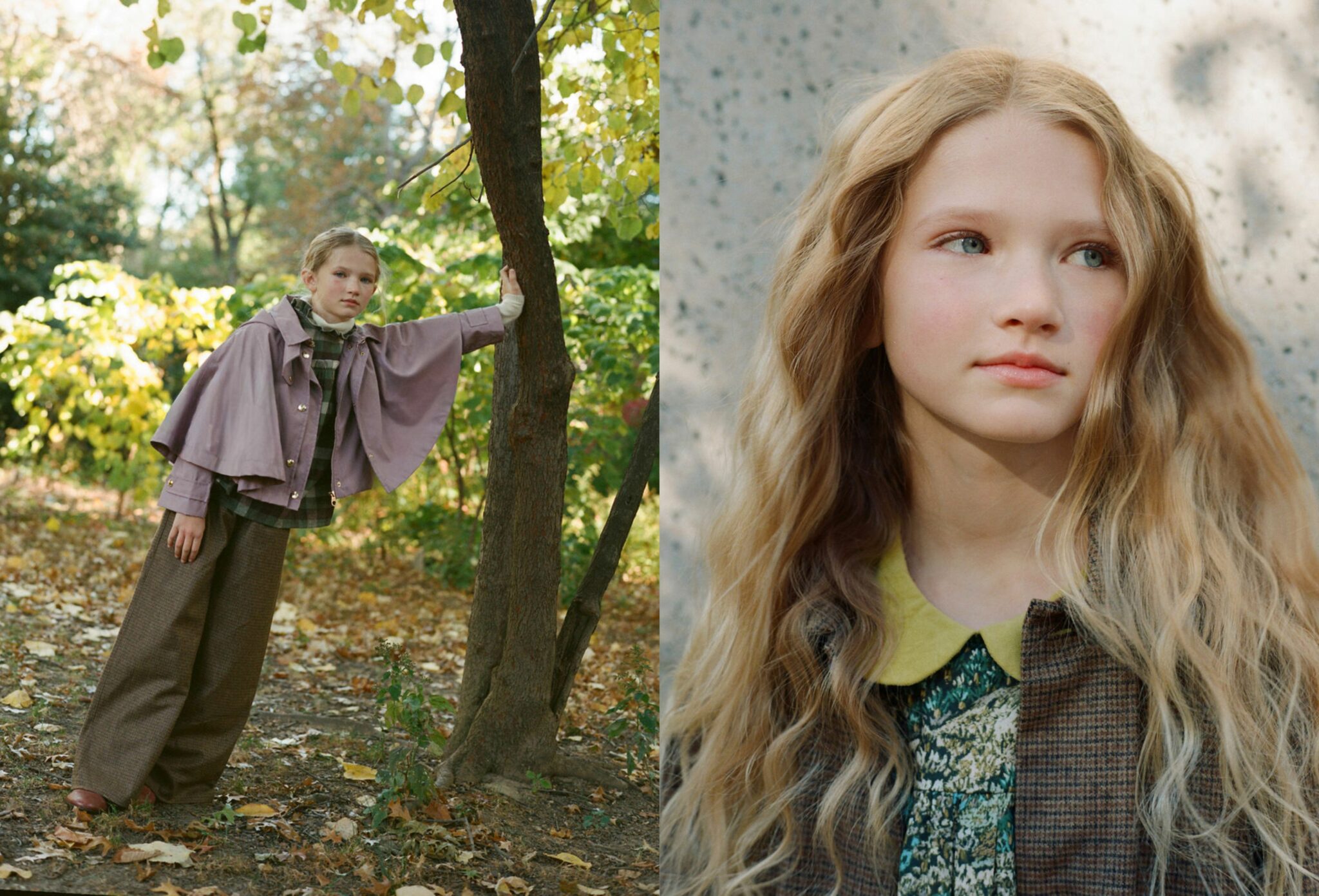 Two portraits of a girl in autumn light; on the left, she leans against a tree wearing a Tangerine coat layered over a Bebe Organic dress. On the right, she poses in soft daylight wearing a Chloe coat, a Coco Au Lait shirt, Tangerine pants and Pepe shoes. Photography by Judy Pak, styling and art direction by Dope Style Kid X Jennifer Grasso for Scimparello Magazine.