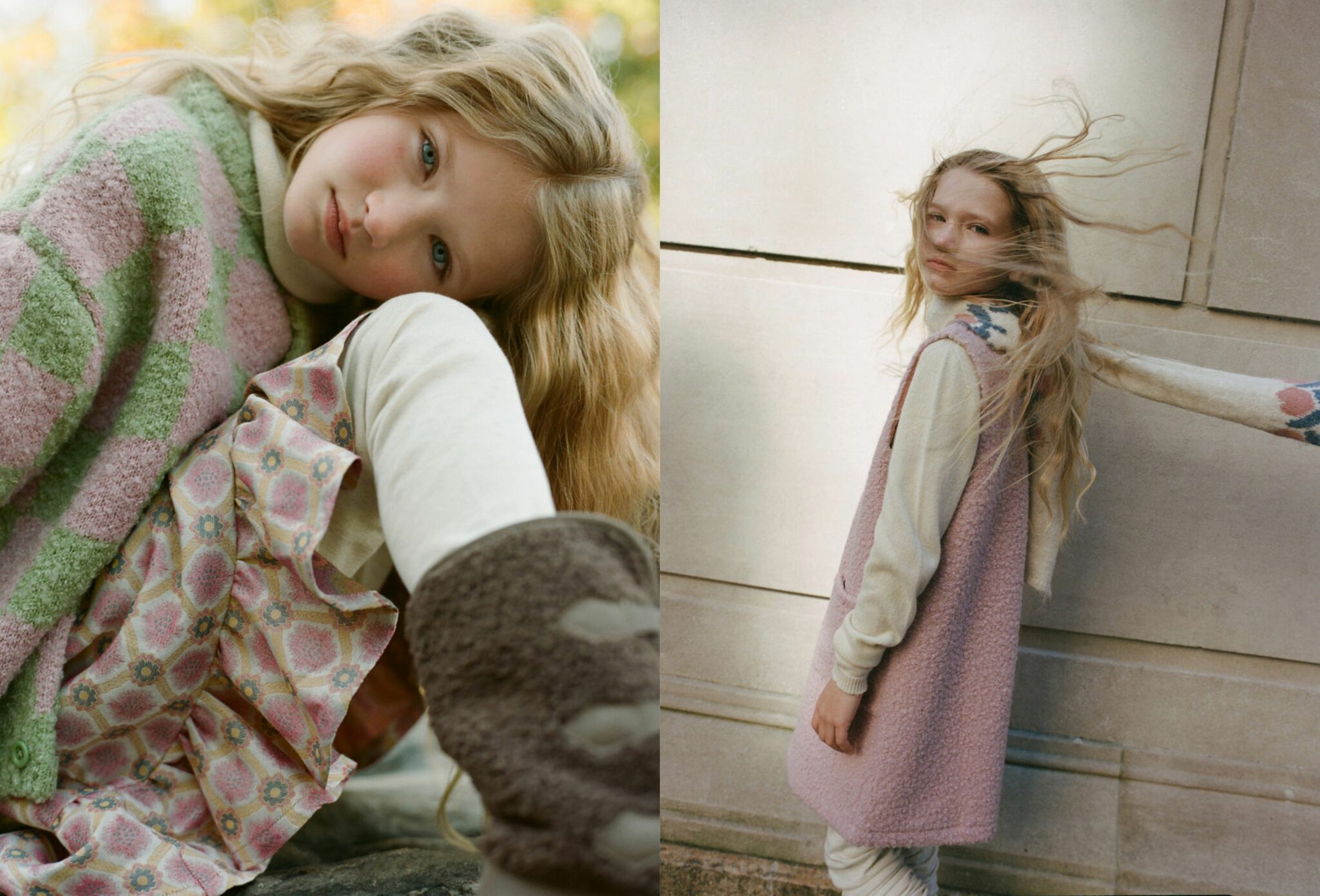 Two portraits of a girl in soft autumn light; on the left, she wears an OXOX dress layered over a Gabriel Valentine shirt with a Tangerine scarf. On the right, she turns toward the camera wearing a Jelly Mallow sweater, a Gabriel Valentin shirt, a Bebe Organic skirt, Minimalisma pants and Eli 1957 shoes. Photography by Judy Pak, styling and art direction by Dope Style Kid X Jennifer Grasso for Scimparello Magazine.