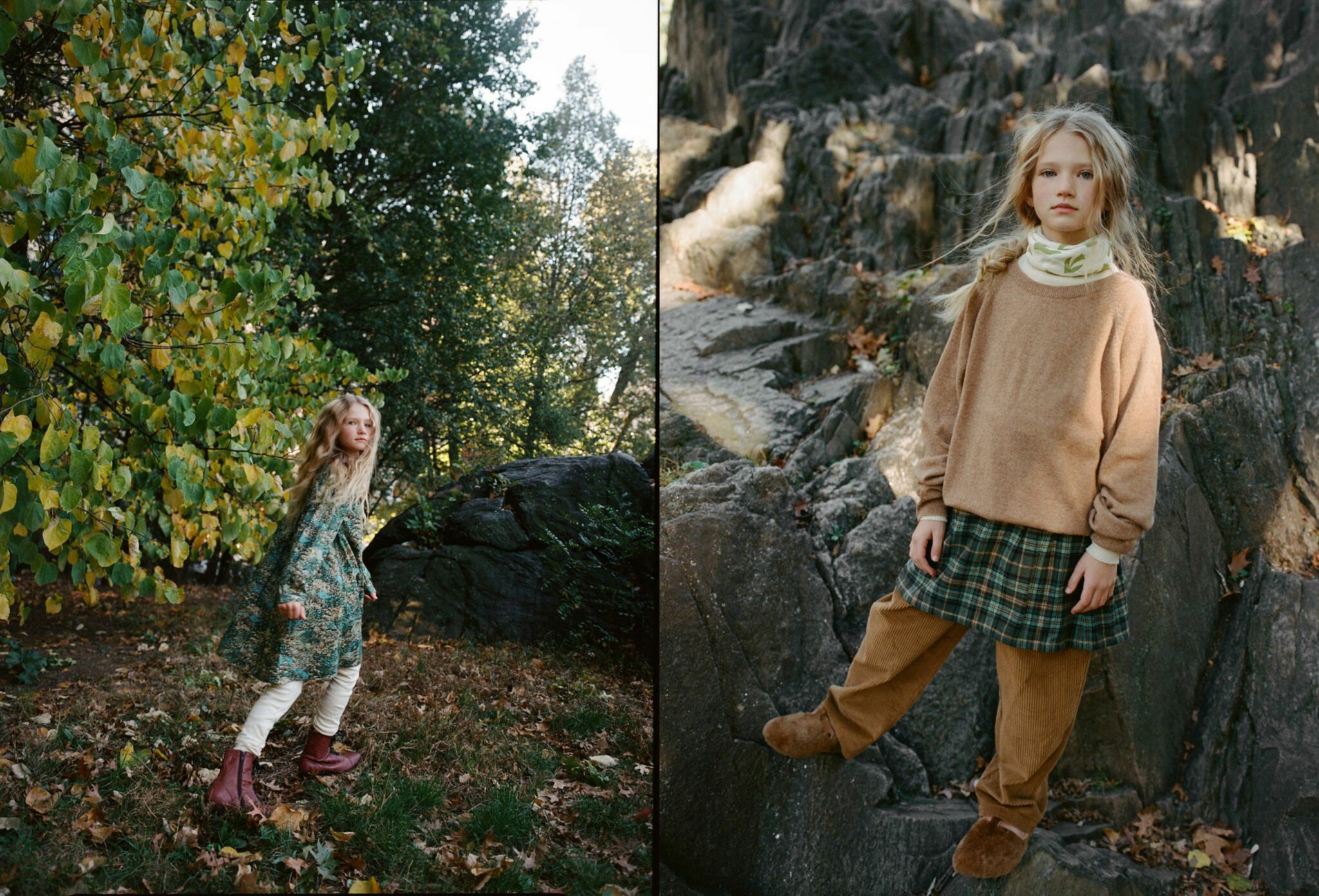 Two portraits of a girl in an autumn landscape; on the left, she walks through fallen leaves wearing a Bebe Organic dress, Minimalisma pants and Pepe shoes. On the right, she stands on rocky terrain wearing a Minimalisma sweater, a Bebe Organic skirt, Tangerine pants and Pepe shoes. Photography by Judy Pak, styling and art direction by Dope Style Kid X Jennifer Grasso for Scimparello Magazine.