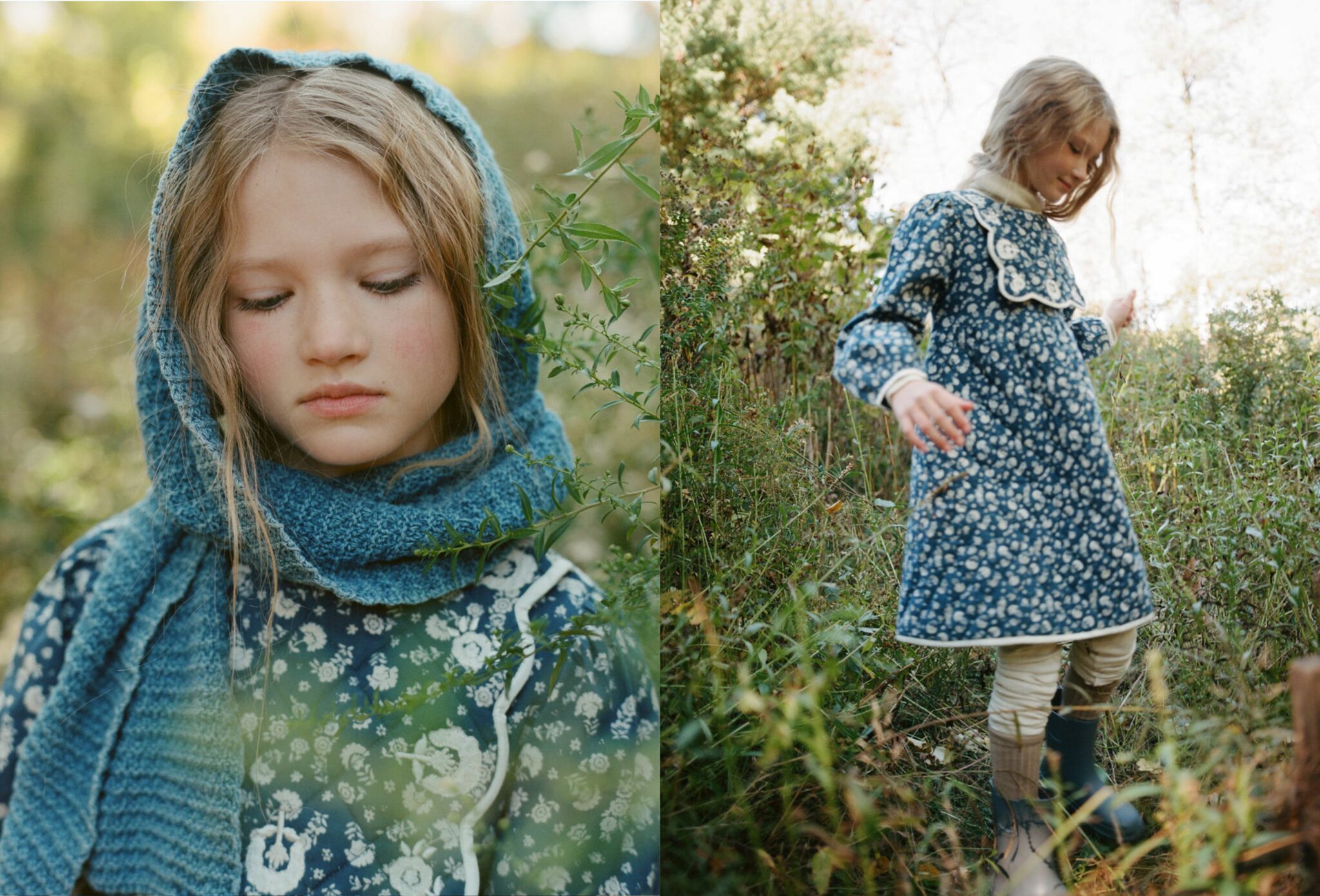 Two portraits of a girl in a quiet forest setting wearing a Bebe Organic dress paired with Minimalisma pants, Collegien socks and Igor shoes; in the left image she looks down with a blue knitted hood and scarf, and in the right she walks through tall grass in soft autumn light. Photography by Judy Pak, styling and art direction by Dope Style Kid X Jennifer Grasso for Scimparello Magazine.