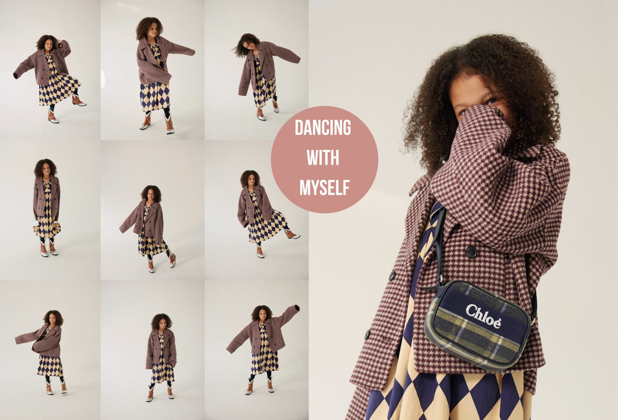 Girl dancing playfully in dress and boots MAISON MANGOSTAN, jacket BELLEROSE, tights BOBO CHOSES, and bag CHLOÉ. Photographed by Alex Klever for Scimparello Magazine FW25 editorial Dancing With Myself – a joyful ode to self-expression and movement.