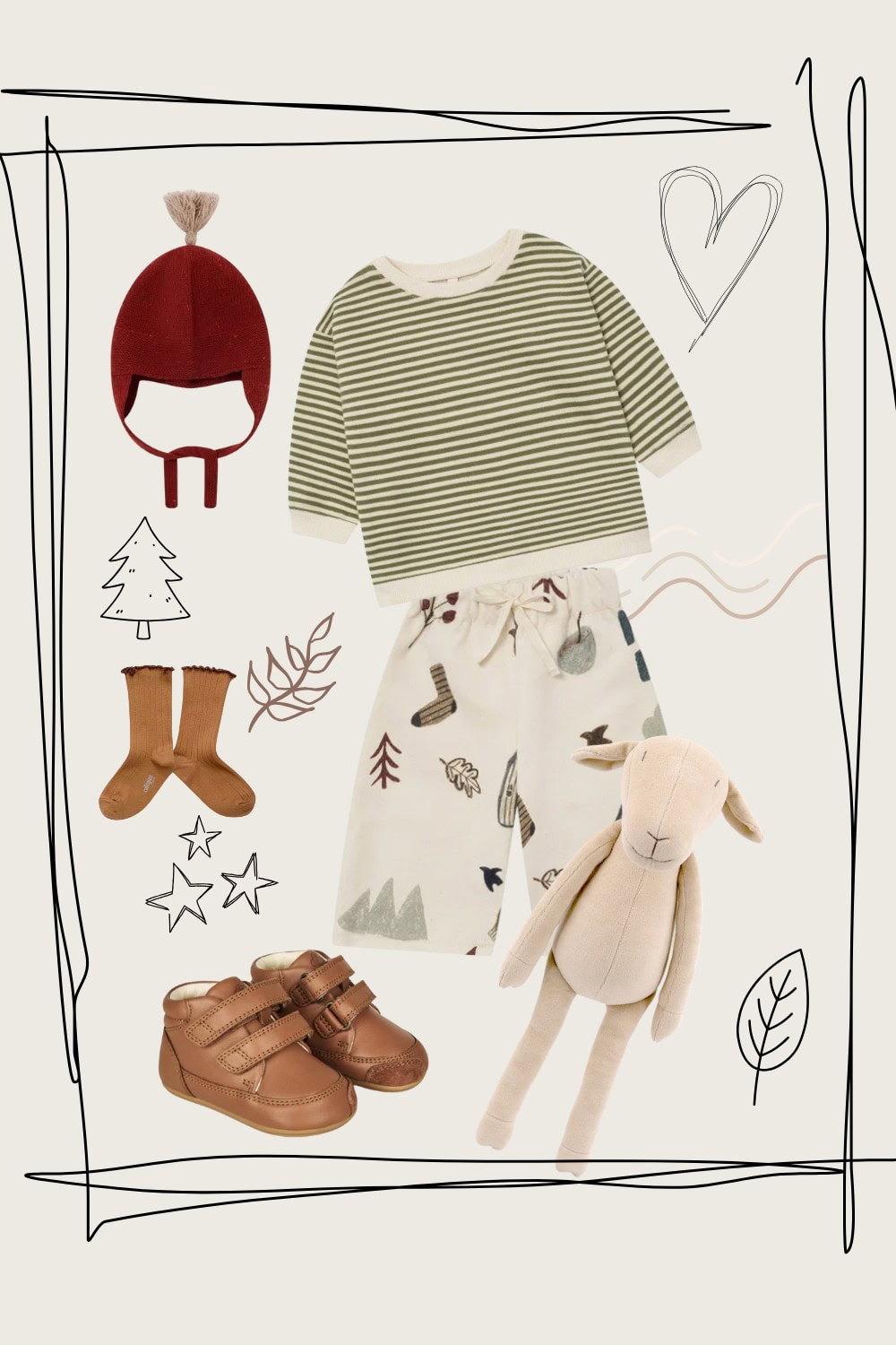 Baby winter outfit flatlay featuring a green striped sweater, forest-print trousers, brown baby shoes, rust socks, and a red knit bonnet. Cozy styling inspiration for babies – Scimparello Magazine.