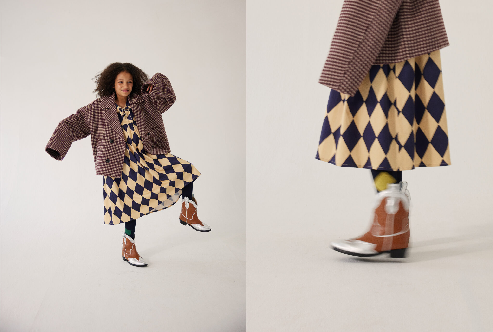 Girl dancing in dress and boots MAISON MANGOSTAN, oversized jacket BELLEROSE, and tights BOBO CHOSES. From Dancing With Myself FW25 by Alex Klever for Scimparello Magazine – a joyful mix of movement, pattern, and playful autumn energy.