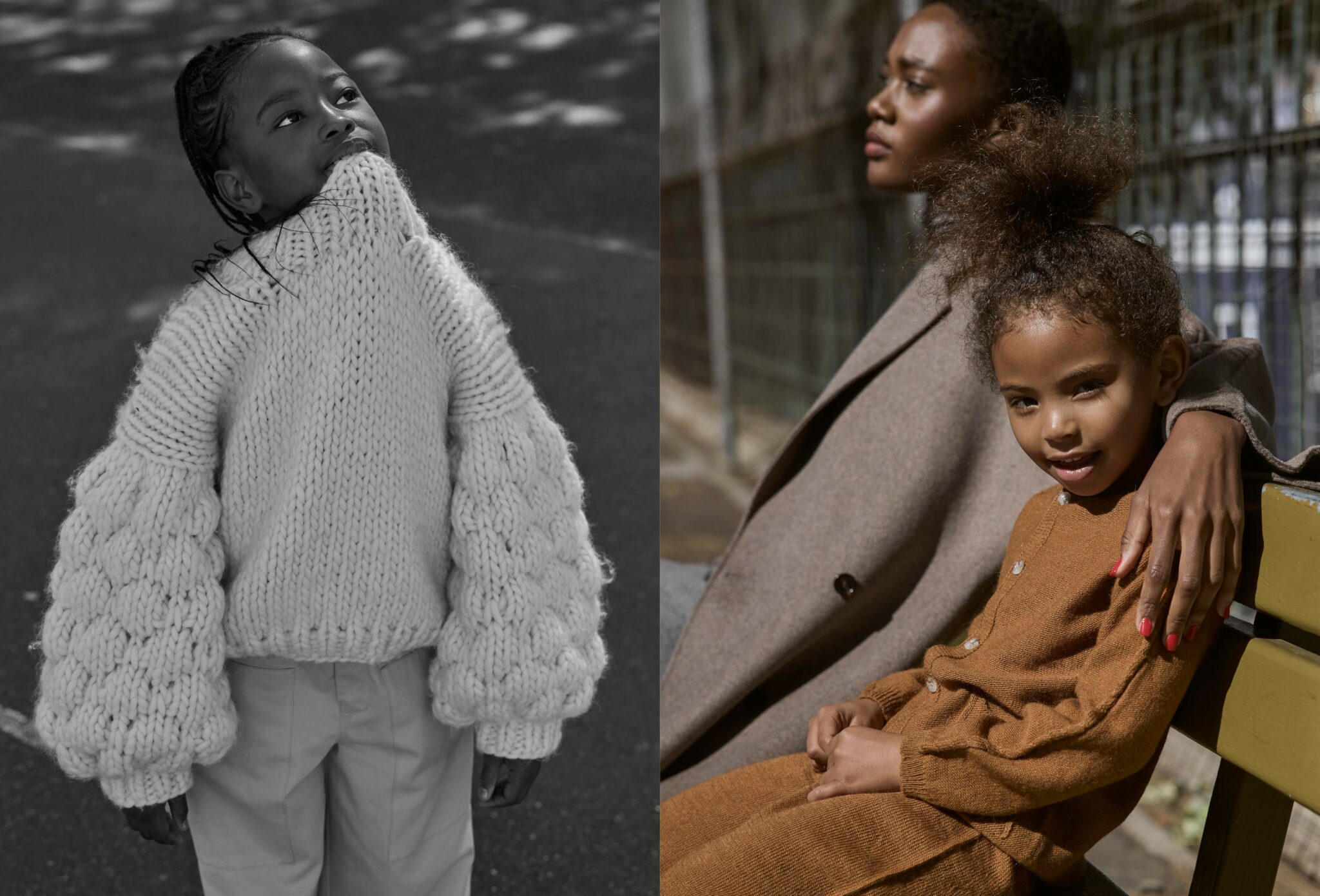 Left: black-and-white photo of a child wearing an oversized chunky white knit sweater, pulling the high collar up toward their face while looking upward with a playful, dreamy expression. Right: colour image of a woman sitting on a bench with a child leaning comfortably against her, the child dressed in a rust-coloured knit outfit and smiling softly as sunlight hits their faces. Playdate, kids fashion editorial FW25 published on Scimparello Magazine, photographed by Jaan-Eric Fischer and styled by Ulrike Kache.