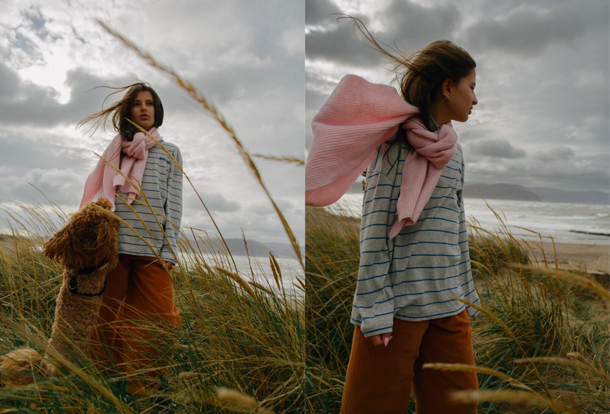 Kids fashion editorial Elemental featuring two images of a girl standing in tall coastal grass with a pink scarf wrapped around her neck, wearing a striped top and brown trousers, with wind-blown hair and the sea in the background, photographed by Hannah Mentz for Scimparello Magazine.
