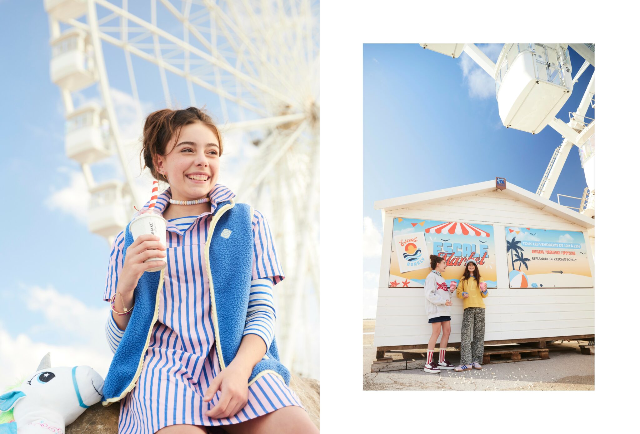 Left: colour photo of a smiling girl holding a milkshake, dressed in a striped dress and blue fleece vest, sitting near the Ferris wheel with a plush unicorn beside her.
Right: two girls stand in front of a small beachside kiosk decorated with colourful signs, chatting and eating snacks under the Ferris wheel.
The Ferris Wheel, kids fashion editorial FW25 photographed by Delphine Royer for Scimparello Magazine.