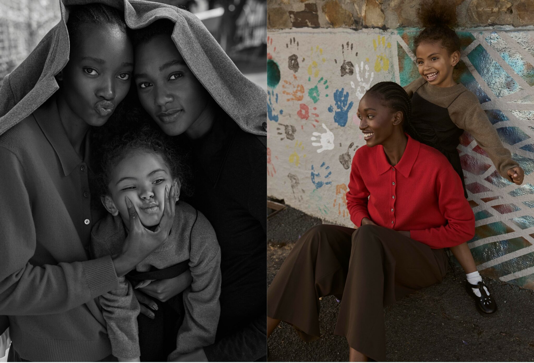 Left: black-and-white close-up of two women and a child huddled together under a coat, joking and making funny faces. Right: colour photo of a woman in a red cardigan sitting against a painted wall while a smiling child hugs her from behind. Playdate, kids fashion editorial FW25 published on Scimparello Magazine, photographed by Jaan-Eric Fischer and styled by Ulrike Kache.