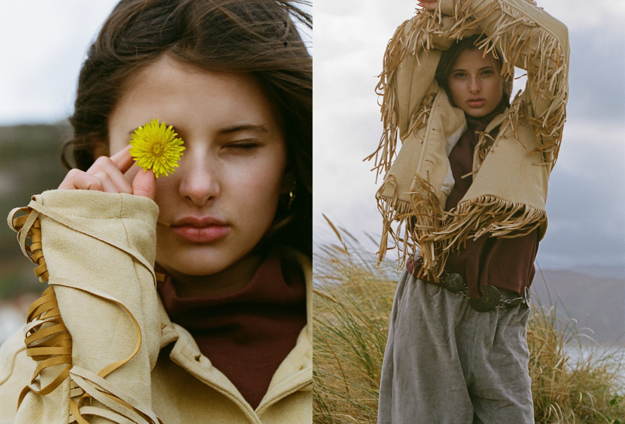 Kids fashion editorial Elemental featuring a girl holding a yellow flower to her eye and wearing a fringed suede jacket in a natural coastal landscape, photographed by Hannah Mentz for Scimparello Magazine.