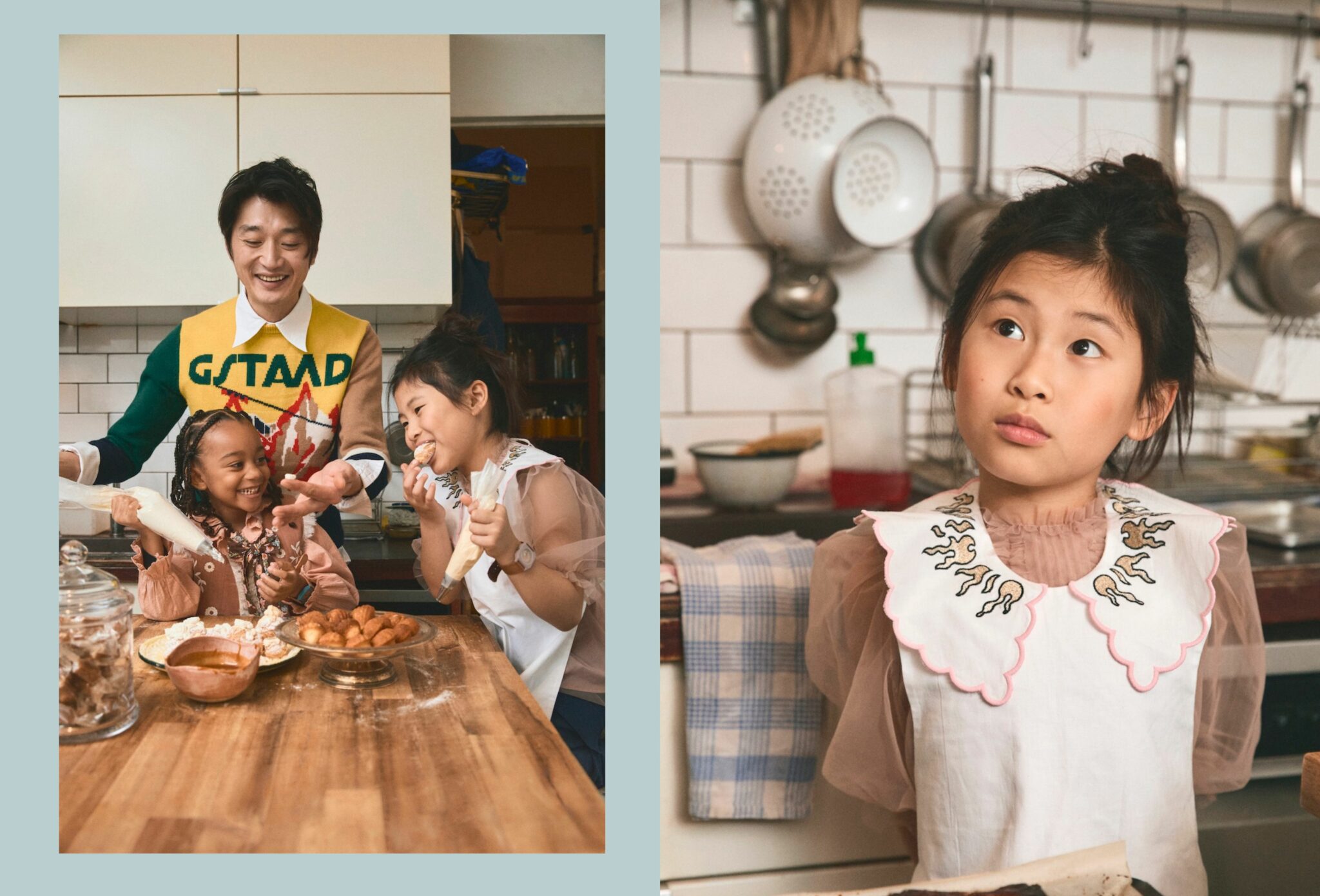 Children baking pastries together in a warm kitchen at Monsieur Caramel during Christmas, wearing elegant festive outfits while piping cream and sharing a joyful moment, photographed by Joseph Collin for Scimparello Magazine.