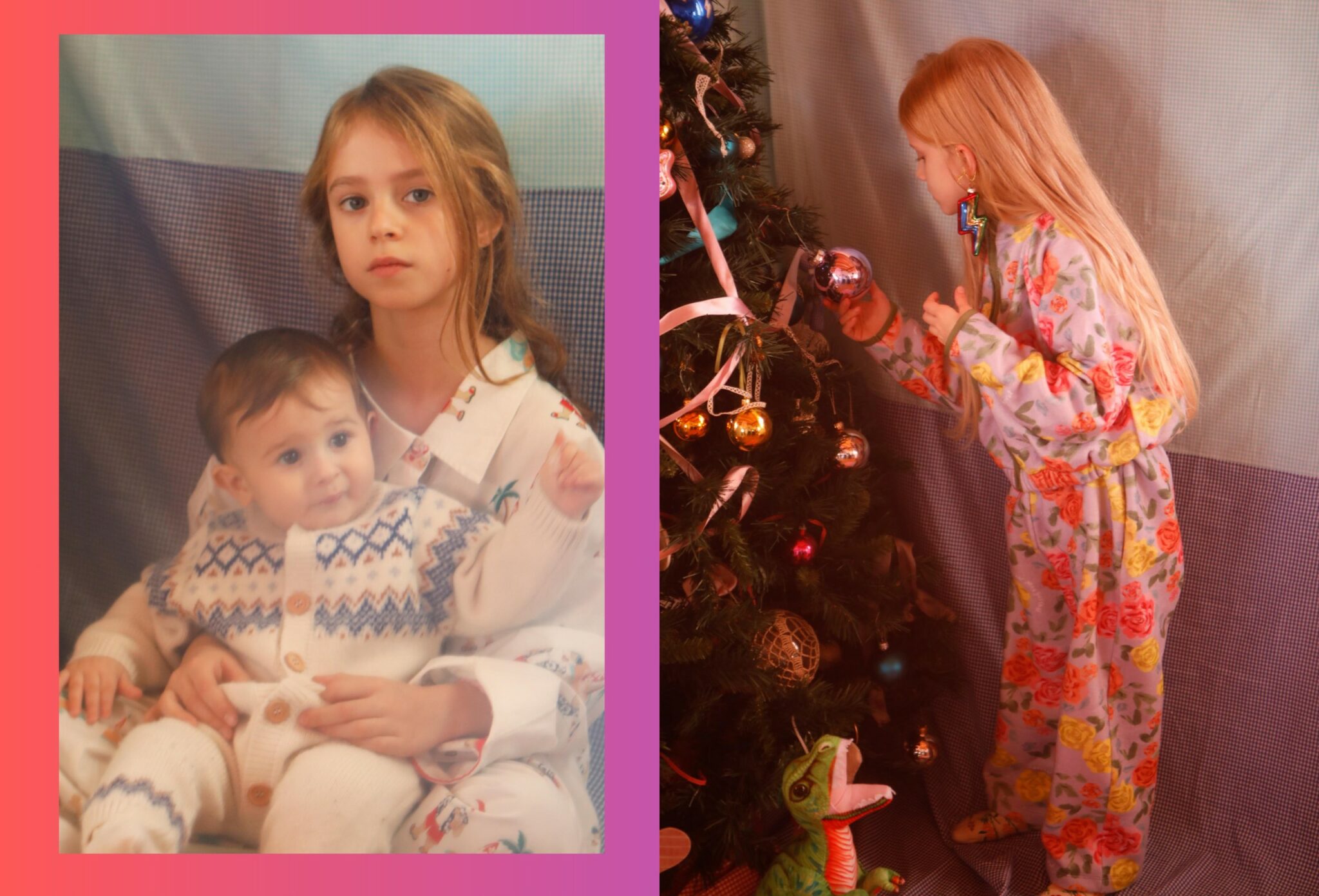 Two children in a soft, nostalgic Christmas scene: an older girl holding a baby in knitwear and a floral-collared outfit, alongside a young girl decorating a Christmas tree with glass ornaments, photographed by Annarella for the kids fashion editorial Merry, more or less for Scimparello Magazine.