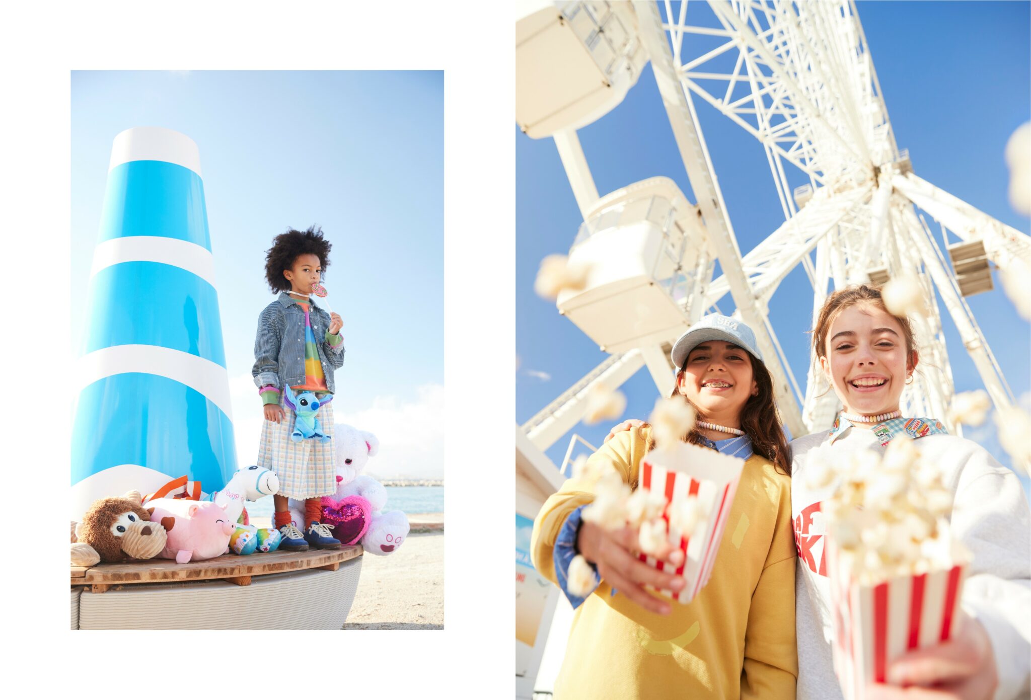 Left: colour photo of a child standing beside a large blue-and-white striped sculpture on the beach, surrounded by plush toys, holding a lollipop and wearing a mix of bright FW25 layers.
Right: two smiling girls hold out striped popcorn boxes toward the camera as popcorn flies, with the Ferris wheel towering above them against a bright blue sky.
The Ferris Wheel, kids fashion editorial FW25 photographed by Delphine Royer for Scimparello Magazine.
