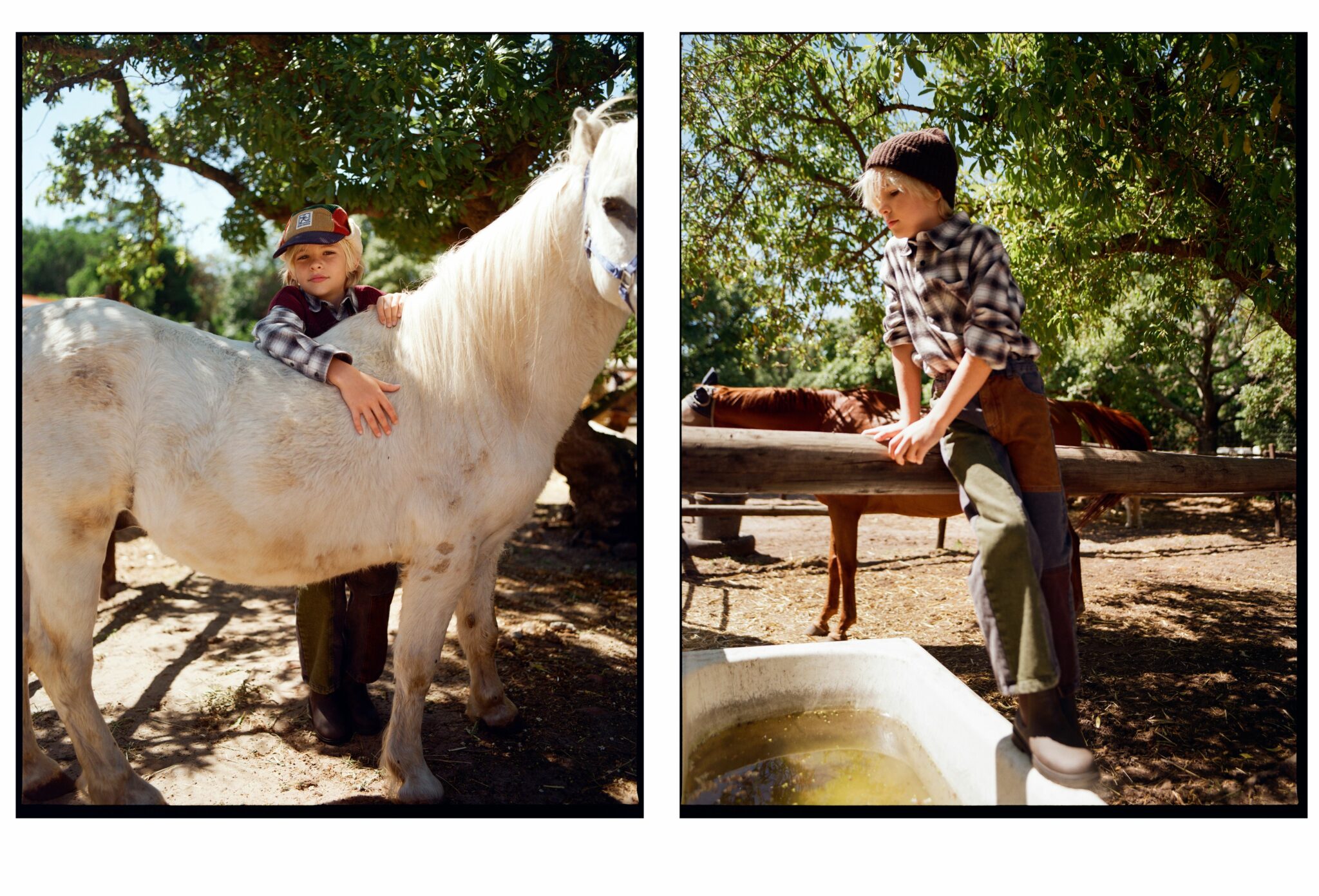 Child gently hugging a white pony in a sunlit paddock and child climbing over a wooden fence near a water trough, captured in a rural setting for the kids fashion editorial Mosi. Photo by Alessandro Iovino, styling by Ulrike Kache, for Scimparello Magazine.