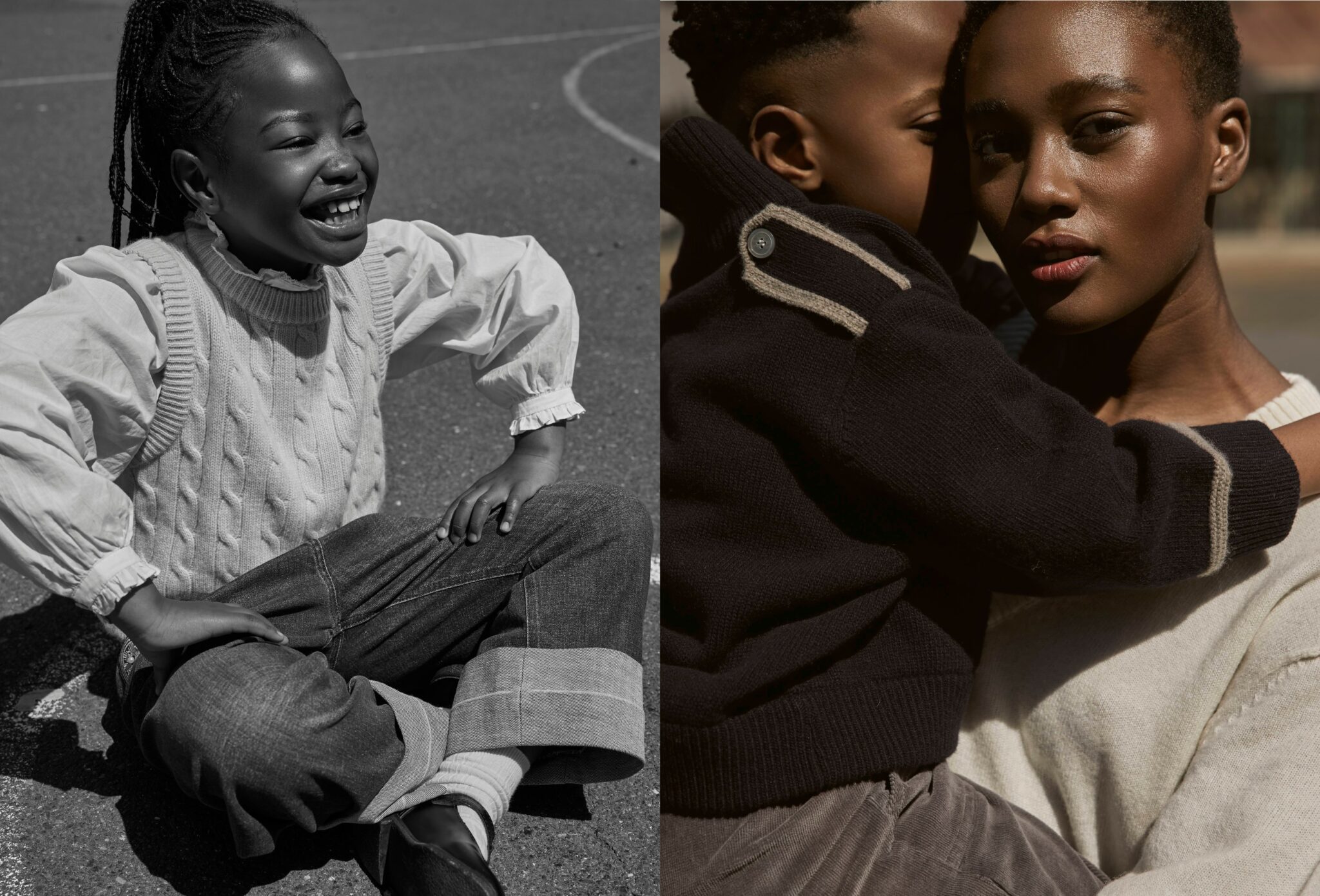 Left: black-and-white photo of a laughing child sitting cross-legged on the ground, wearing a cable-knit vest over a puff-sleeve shirt and cuffed jeans. Right: warm colour close-up of a woman holding a child in a dark knit sweater with contrast trim, their faces resting together in a tender moment. Playdate, kids fashion editorial FW25 published on Scimparello Magazine, photographed by Jaan-Eric Fischer and styled by Ulrike Kache.
