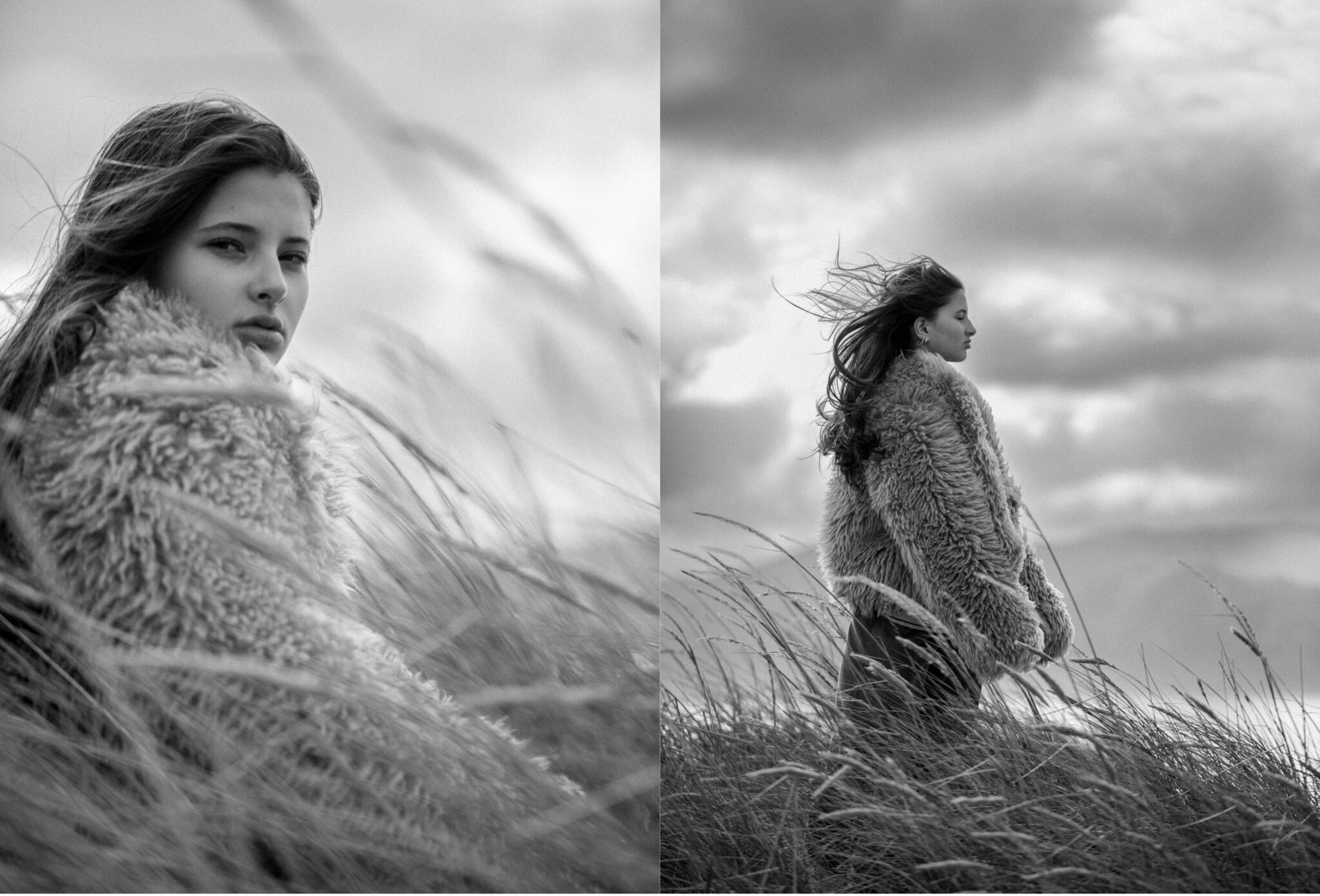 Black and white kids fashion editorial Elemental featuring a girl wearing a textured faux fur coat, standing in tall grass and coastal dunes with wind-blown hair, photographed by Hannah Mentz for Scimparello Magazine.