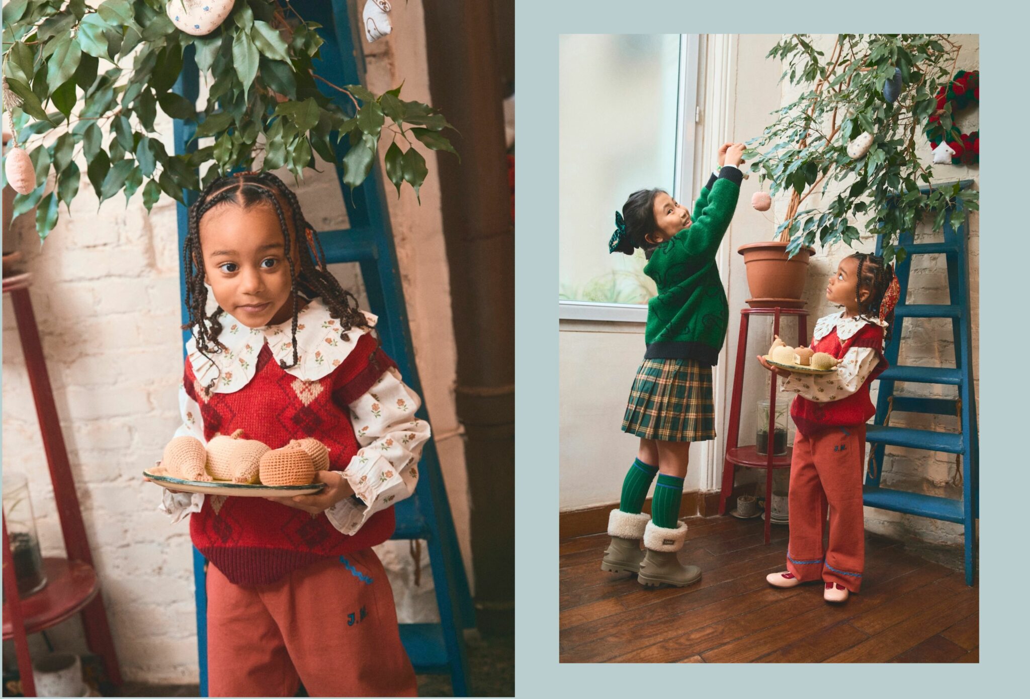 Children decorating a small indoor tree with handmade ornaments at Monsieur Caramel during Christmas, wearing cosy festive outfits and holding crocheted pastries, photographed by Joseph Collin for Scimparello Magazine.