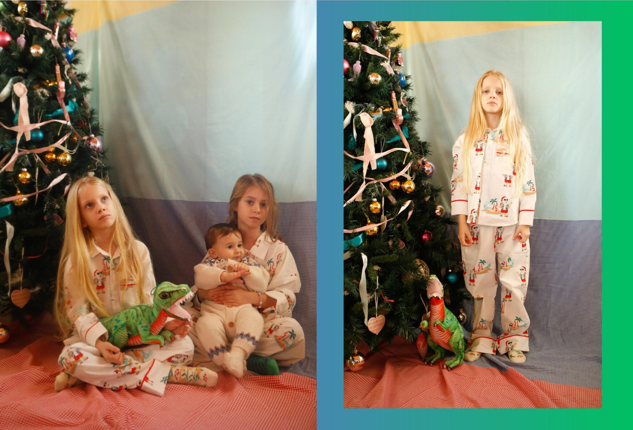Three children in matching festive pyjamas sit and stand beside a decorated Christmas tree with ribbons, glass ornaments and a toy dinosaur, captured in a nostalgic holiday setting, photographed by Annarella for the kids fashion editorial Merry, more or less for Scimparello Magazine.