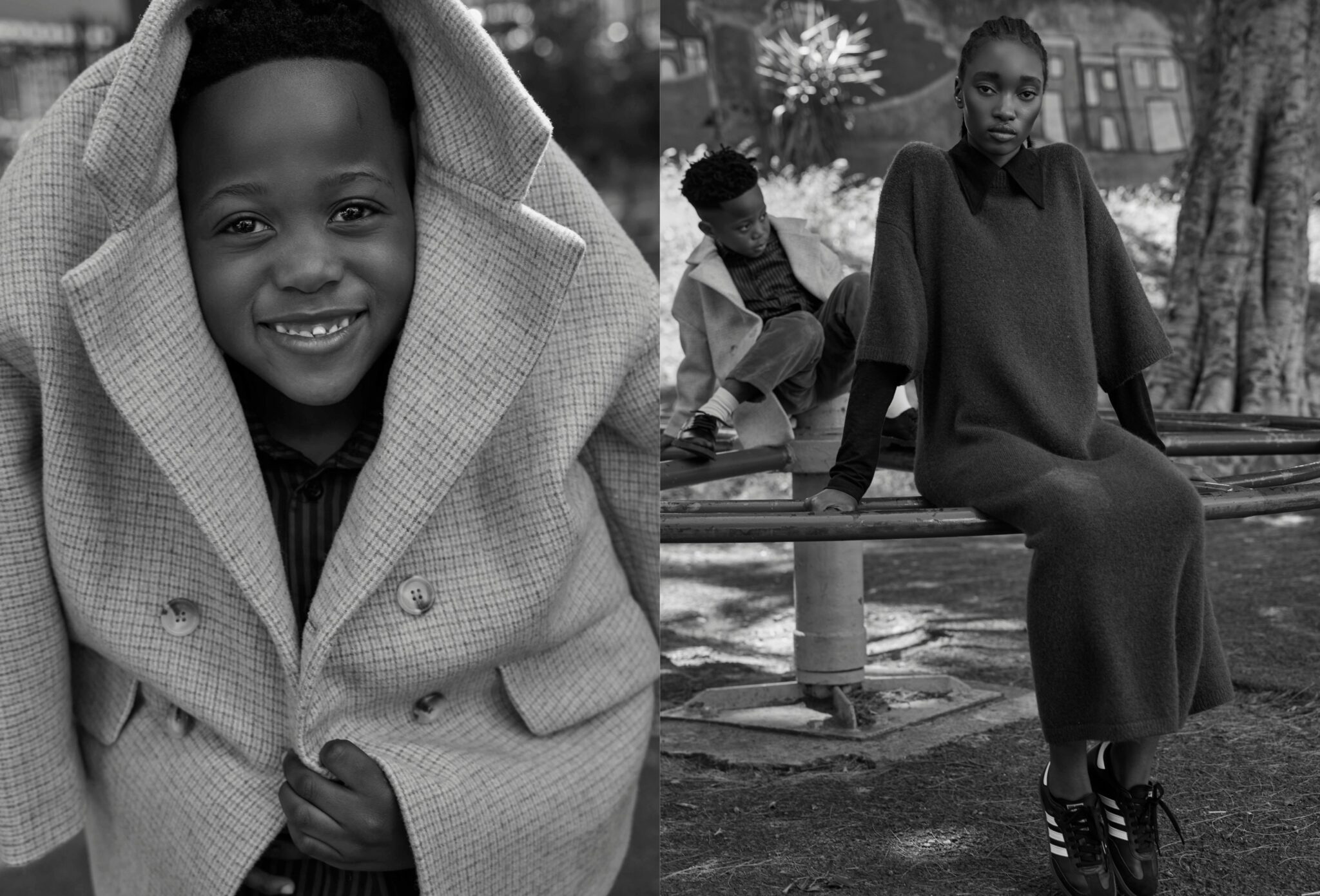 Left: black-and-white close-up of a smiling child wrapped in an oversized checked coat, holding it closed playfully at the collar. Right: black-and-white photo of a woman sitting calmly on a roundabout in a long knit dress, while a child in a coat sits behind her on the playground equipment. Playdate, kids fashion editorial FW25 published on Scimparello Magazine, photographed by Jaan-Eric Fischer and styled by Ulrike Kache.