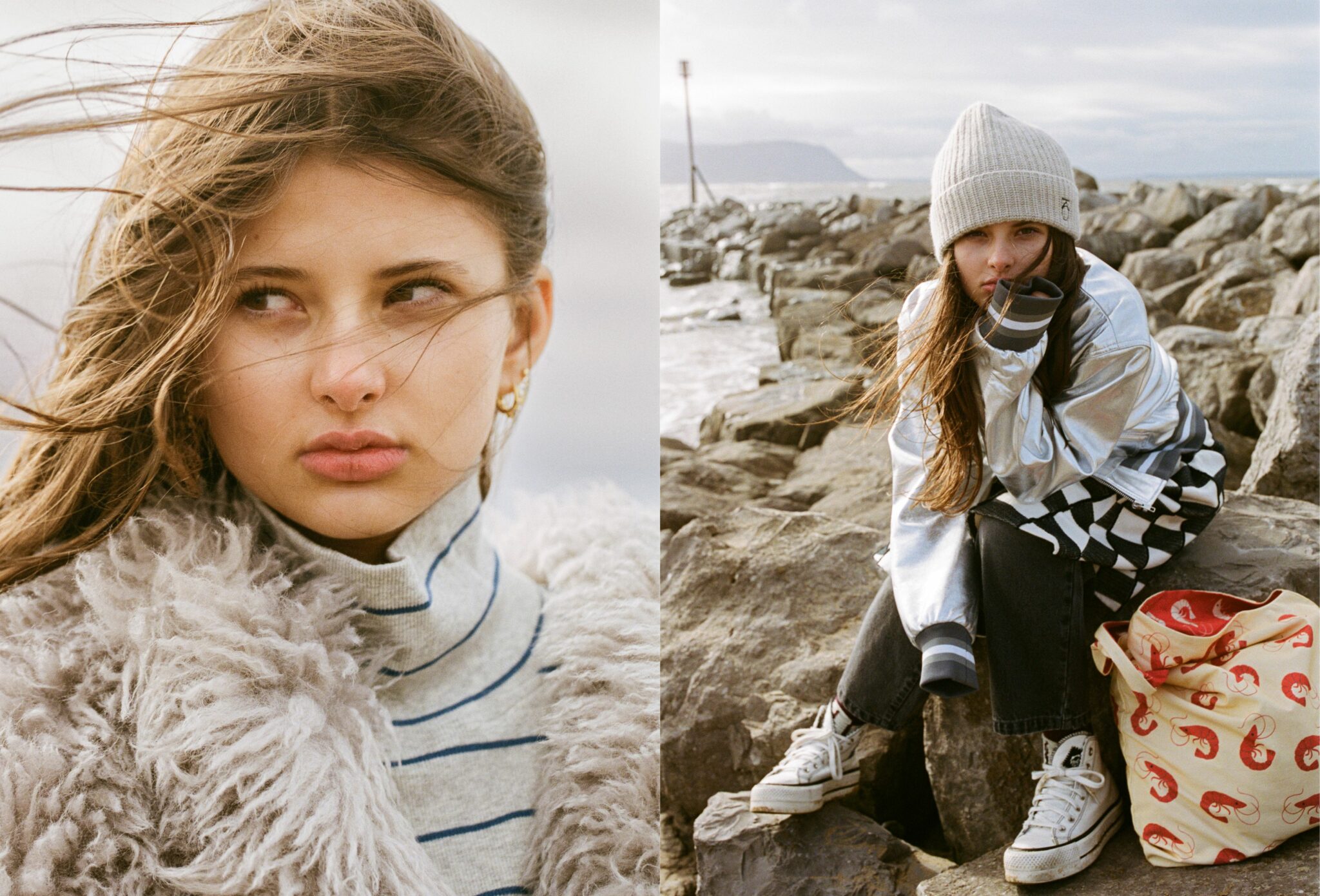 Kids fashion editorial Elemental featuring a girl in a close-up portrait wearing a textured faux fur vest and striped top, alongside a second image of the same girl sitting on seaside rocks in a beanie, metallic jacket and sneakers, photographed by Hannah Mentz for Scimparello Magazine.