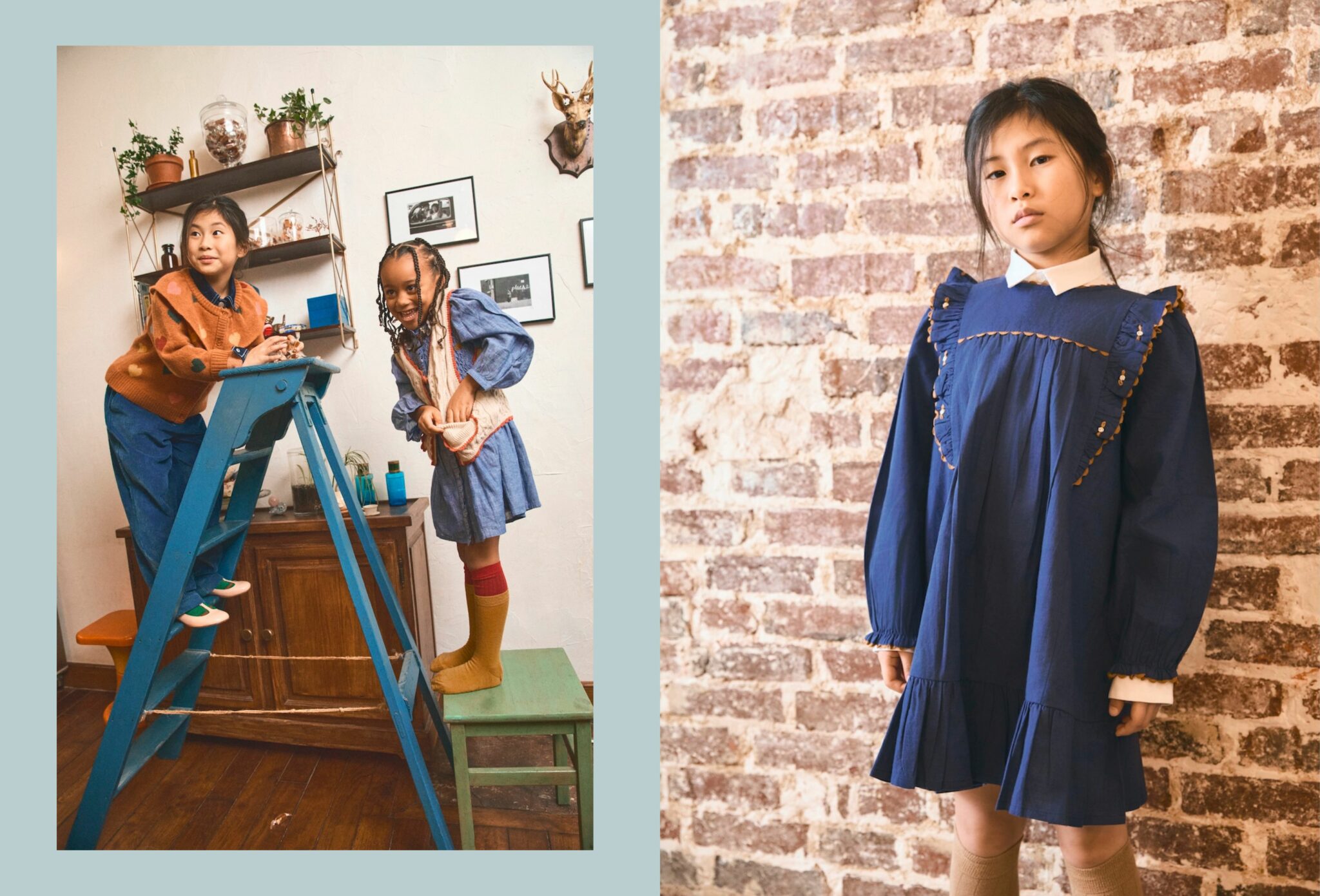 Children posing and playing indoors at Monsieur Caramel during Christmas, standing on stools and ladders in a cosy interior, wearing classic winter outfits styled with a timeless, festive mood, photographed by Joseph Collin for Scimparello Magazine.