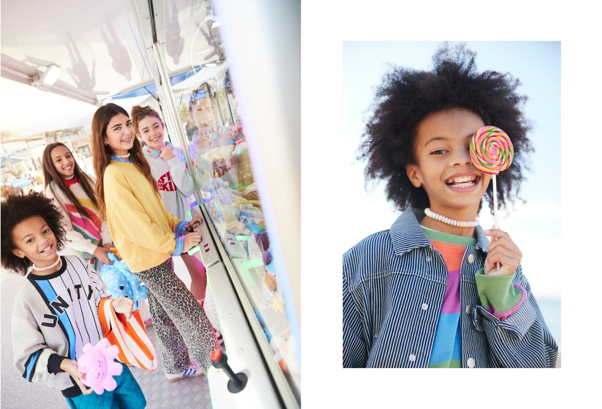 Left: a group of children gathered around a claw machine on a seaside promenade, smiling and taking turns playing. They wear colourful FW25 outfits, and plush toys are visible inside the machine as their reflections appear on the glass.
Right: close-up portrait of a child holding a rainbow lollipop over one eye, smiling brightly while wearing layered colourful clothing and a striped jacket.
The Ferris Wheel, kids fashion editorial FW25 photographed by Delphine Royer for Scimparello Magazine.