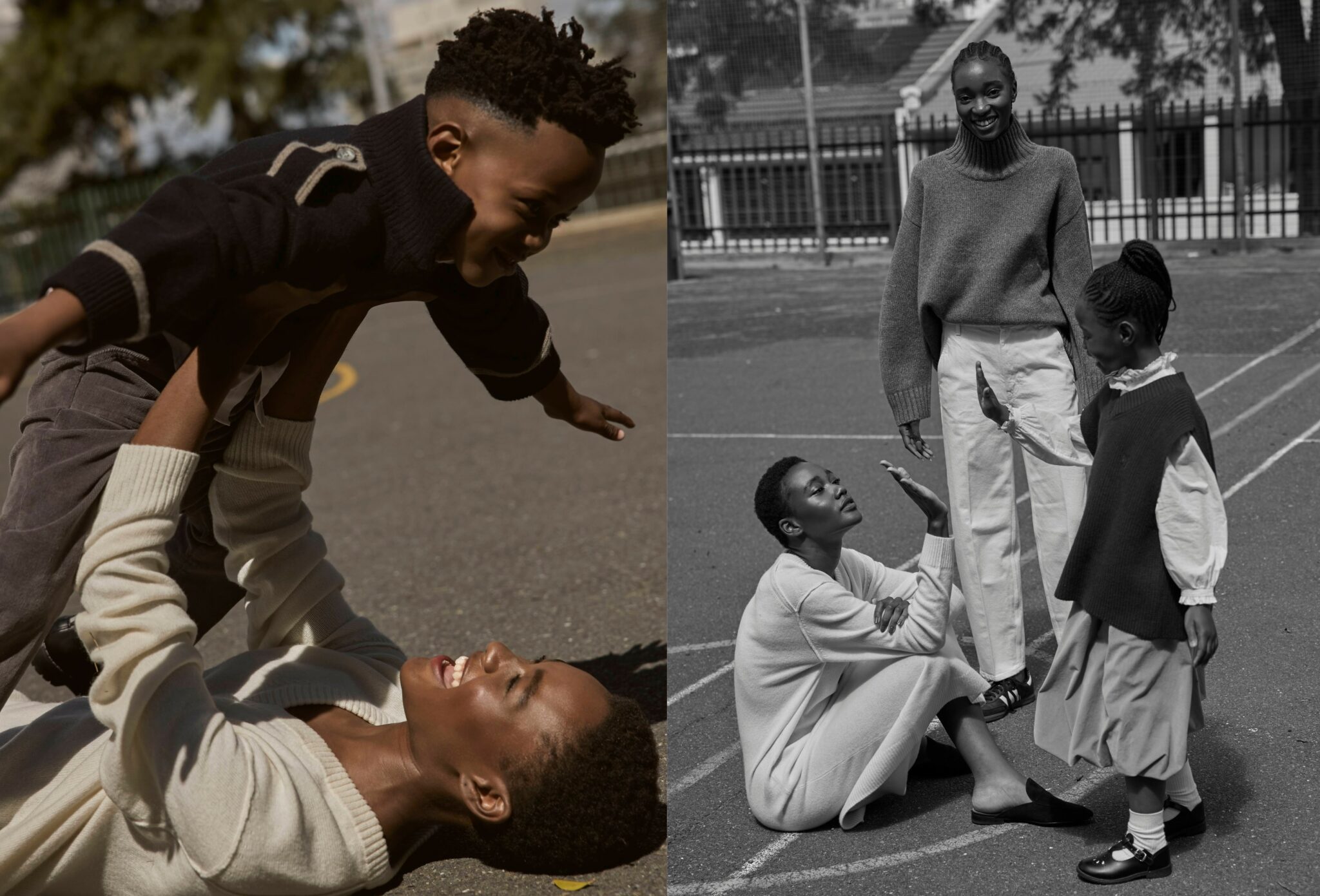 Left: colour photo of a woman lying on the ground, laughing as she lifts a young boy into the air like an airplane, his arms spread wide. Right: black-and-white image of a woman sitting on a court playfully reaching her hand toward a girl, while another woman stands beside them smiling in a turtleneck sweater and wide-leg trousers. Playdate, kids fashion editorial FW25 published on Scimparello Magazine, photographed by Jaan-Eric Fischer and styled by Ulrike Kache.