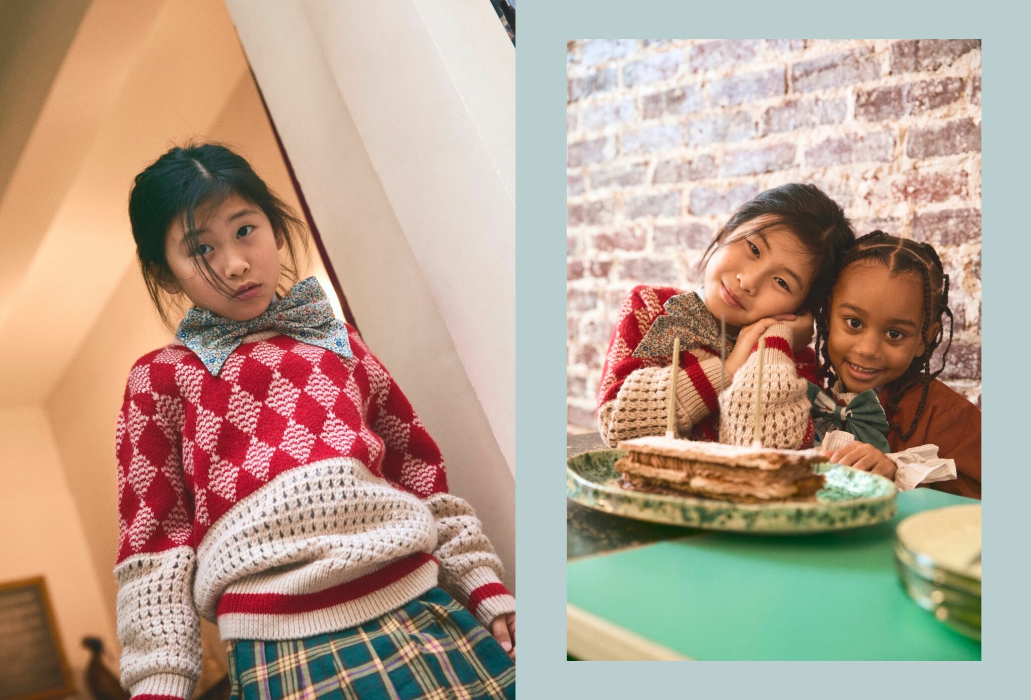 Children wearing classic knitwear pose indoors and share a quiet moment around a Christmas cake at Monsieur Caramel, captured in a warm, intimate setting with timeless festive styling, photographed by Joseph Collin for Scimparello Magazine.