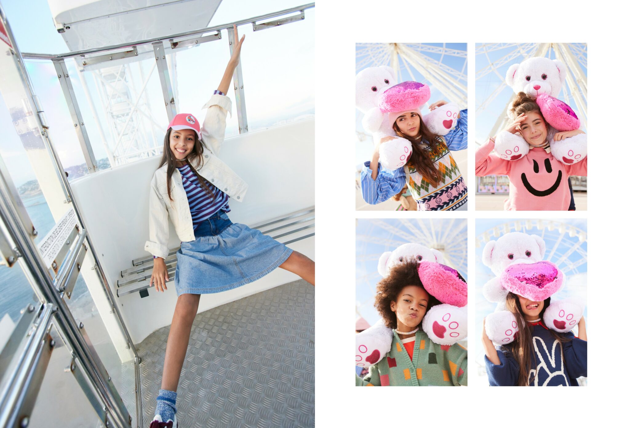 Left: a girl sits inside a Ferris wheel cabin, stretching her arms and legs playfully while smiling, dressed in a striped top, denim skirt, and pink cap.
Right: four portrait-style images of children posing with oversized white-and-pink plush bears in front of the Ferris wheel, each making playful expressions while wearing colourful FW25 outfits.
The Ferris Wheel, kids fashion editorial FW25 photographed by Delphine Royer for Scimparello Magazine.