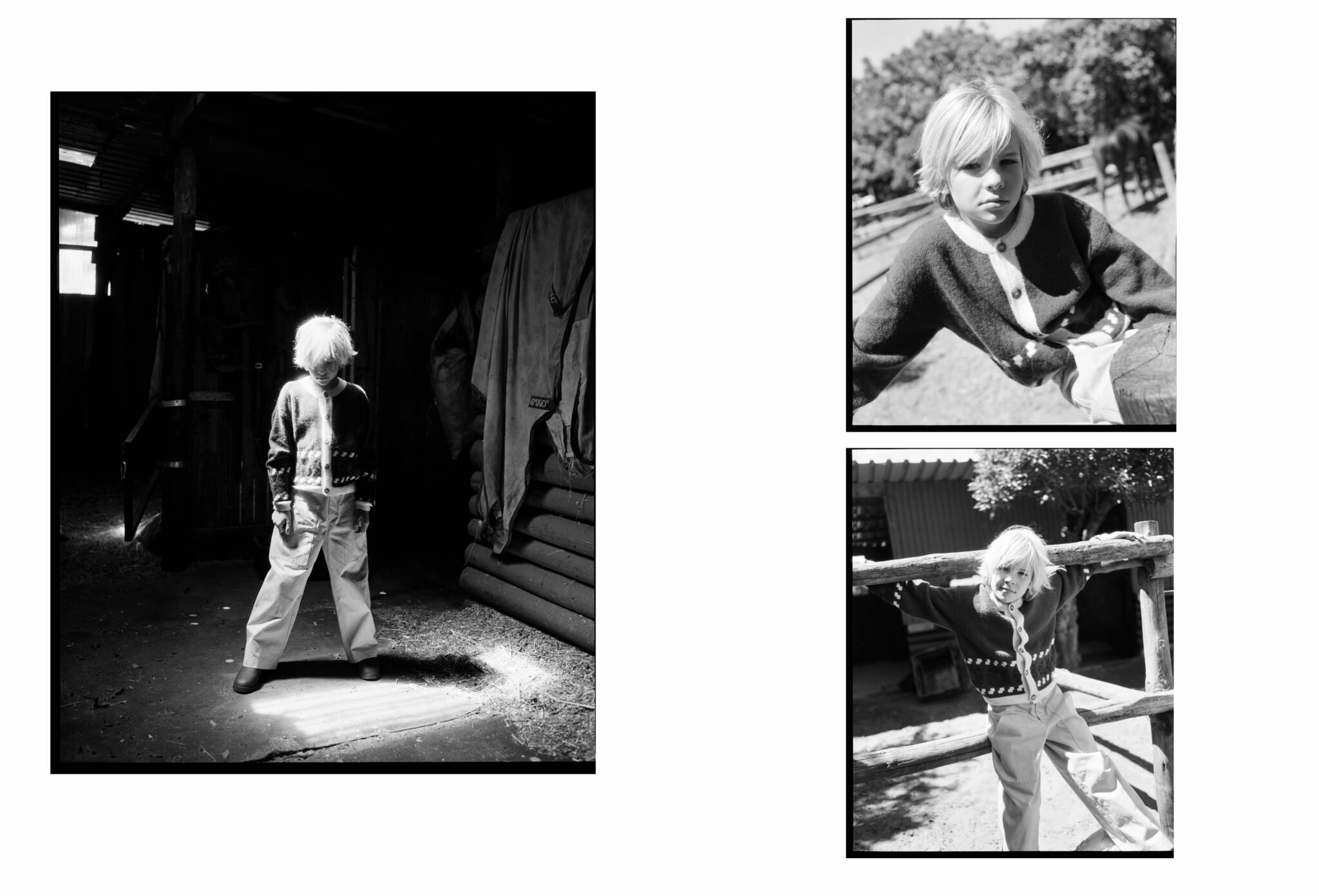 Black and white portraits of a child in a rustic stable and outdoor paddock, wearing a knit cardigan and trousers, captured in quiet, natural moments for the kids fashion editorial Mosi. Photo by Alessandro Iovino, styling by Ulrike Kache, for Scimparello Magazine.