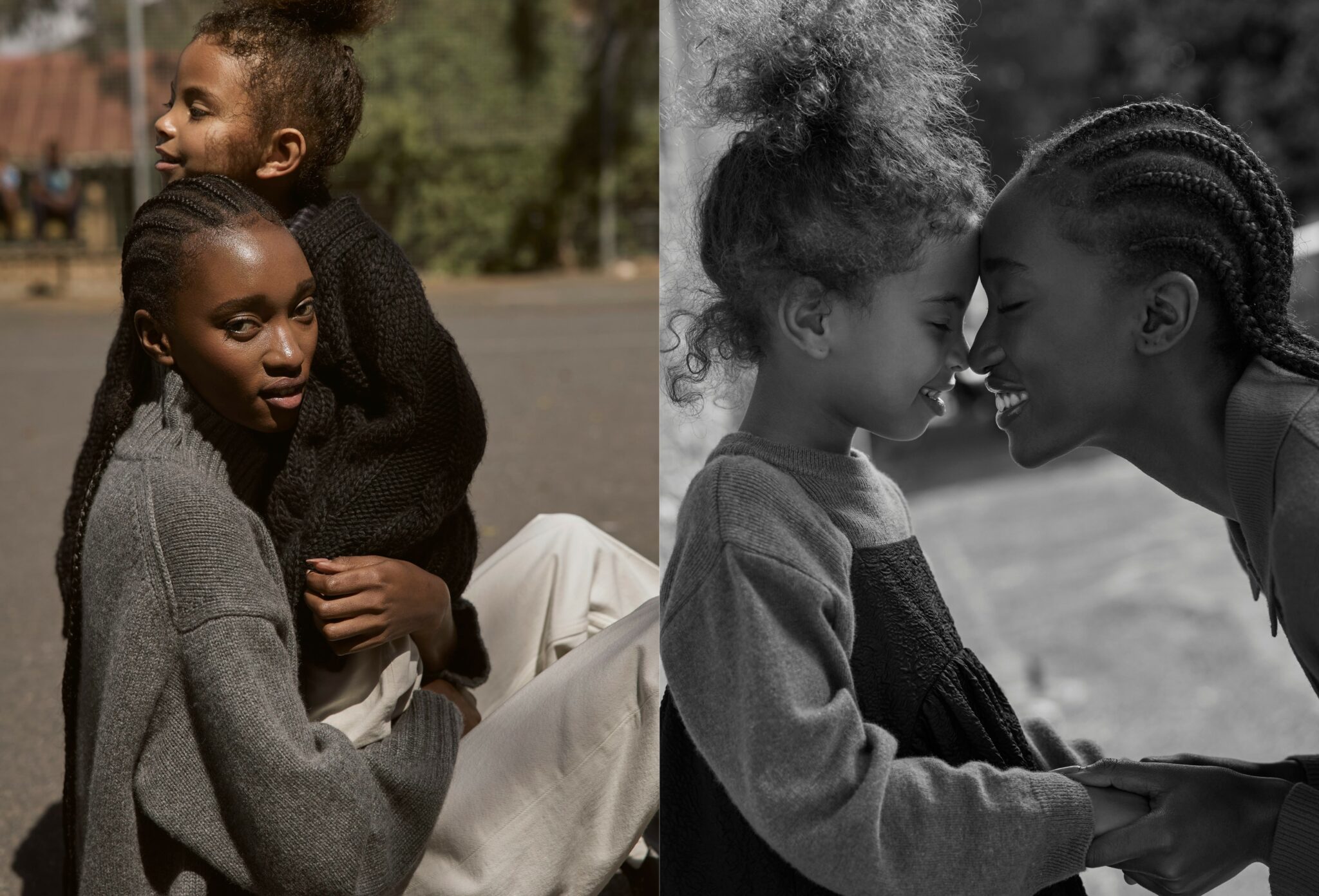 Left: colour portrait of a woman sitting on the ground, holding a child wrapped in a chunky black knit sweater as the child leans comfortably against her shoulder. Right: black-and-white close-up of a woman and a child touching foreheads and smiling warmly while holding hands. Playdate, kids fashion editorial FW25 published on Scimparello Magazine, photographed by Jaan-Eric Fischer and styled by Ulrike Kache.