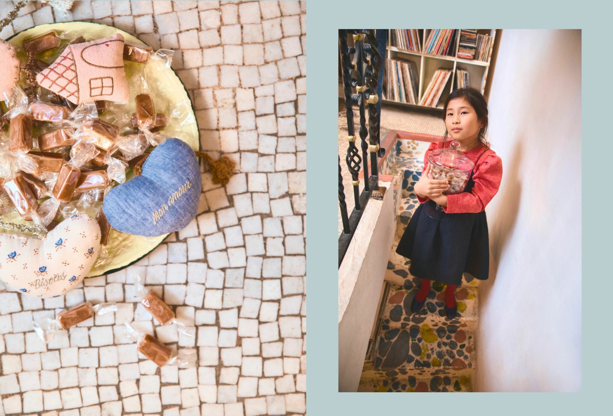 Caramel sweets displayed on a tiled surface alongside a child holding a glass jar of candies inside Monsieur Caramel in Paris, capturing a warm Christmas moment between pastry-making and festive traditions, photographed by Joseph Collin for Scimparello Magazine.