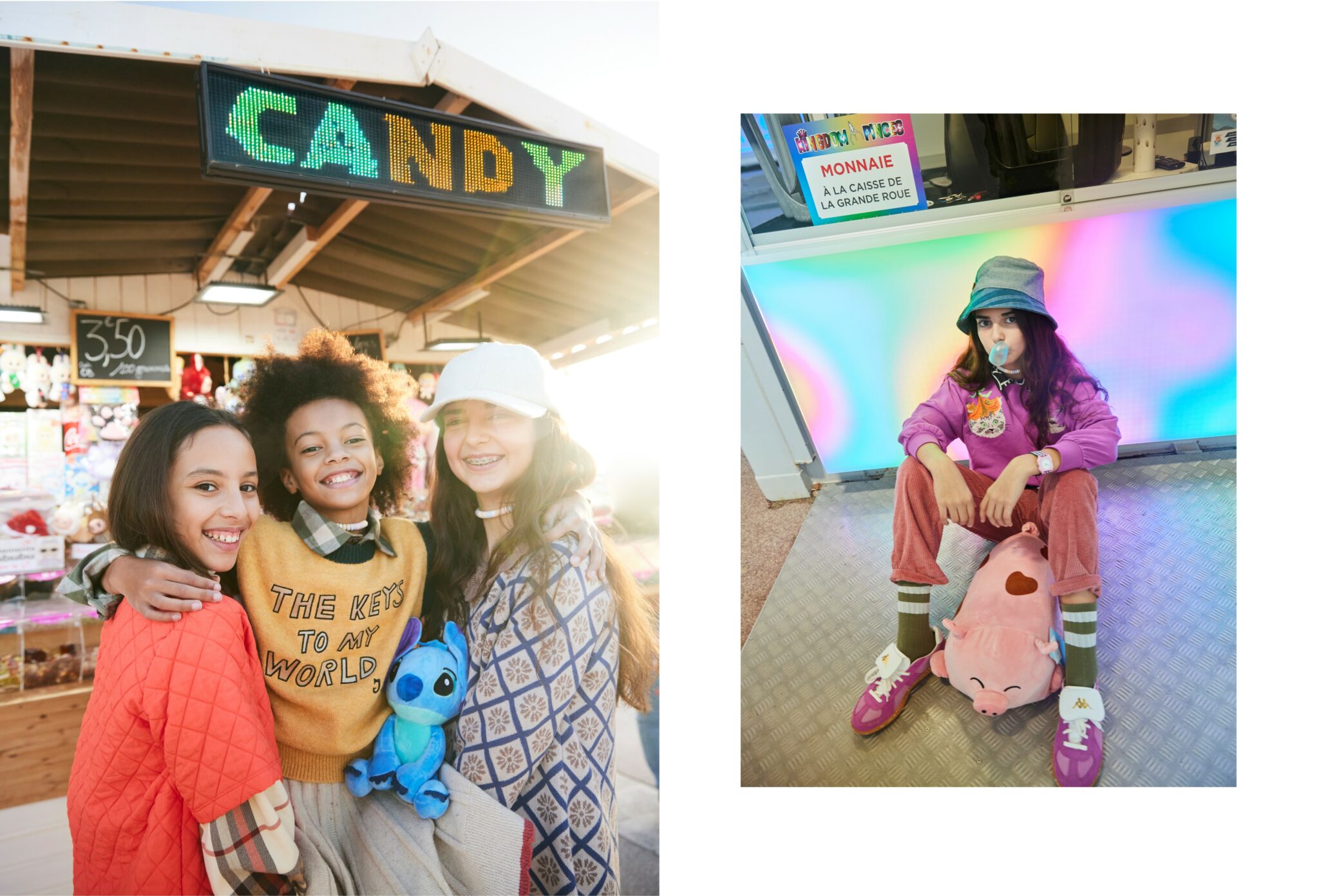 Left: three children stand arm-in-arm in front of a candy stand at sunset, smiling brightly. They wear colourful FW25 outfits and hold a plush Stitch toy, with the glowing “CANDY” sign above them.
Right: a girl sits on the floor in front of a neon rainbow-lit wall, blowing a bubble with chewing gum while holding a plush pig toy. She wears a purple sweatshirt, pink trousers, striped socks and sneakers.
The Ferris Wheel, kids fashion editorial FW25 photographed by Delphine Royer for Scimparello Magazine.