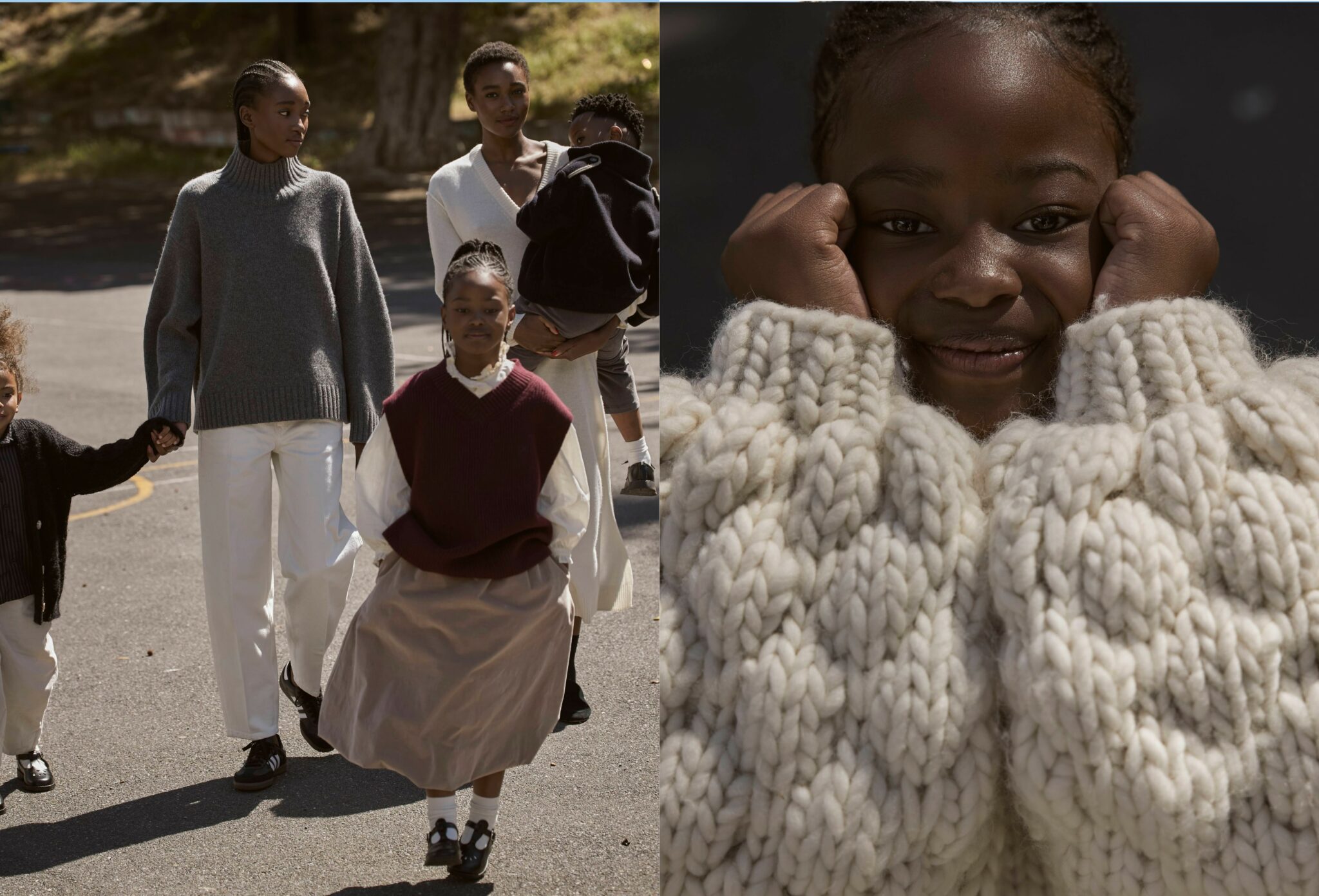 Left: colour photo of a group walking outdoors on a court — a woman in a grey turtleneck sweater and white trousers holds hands with children, while another woman in a cream knit dress carries a child in her arms. A girl in a burgundy vest and full skirt walks confidently at the front. Right: close-up colour portrait of a smiling child with their hands tucked into the sleeves of a chunky cream knit sweater, framing their face. Playdate, kids fashion editorial FW25 published on Scimparello Magazine, photographed by Jaan-Eric Fischer and styled by Ulrike Kache.