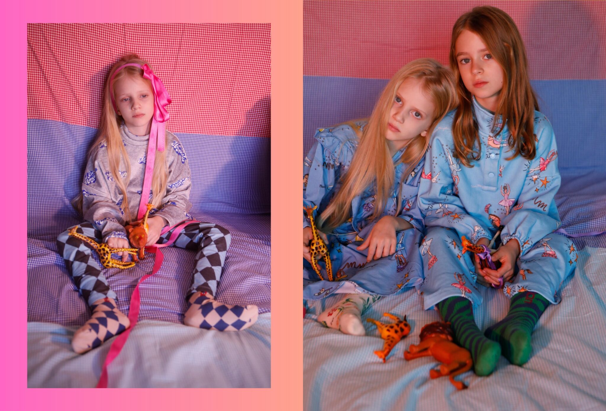 Two girls seated on a bed in a colourful, nostalgic bedroom, wearing patterned nightwear and playful socks, holding small animal toys in a quiet, intimate Christmas moment, photographed by Annarella for the kids fashion editorial Merry, more or less for Scimparello Magazine.