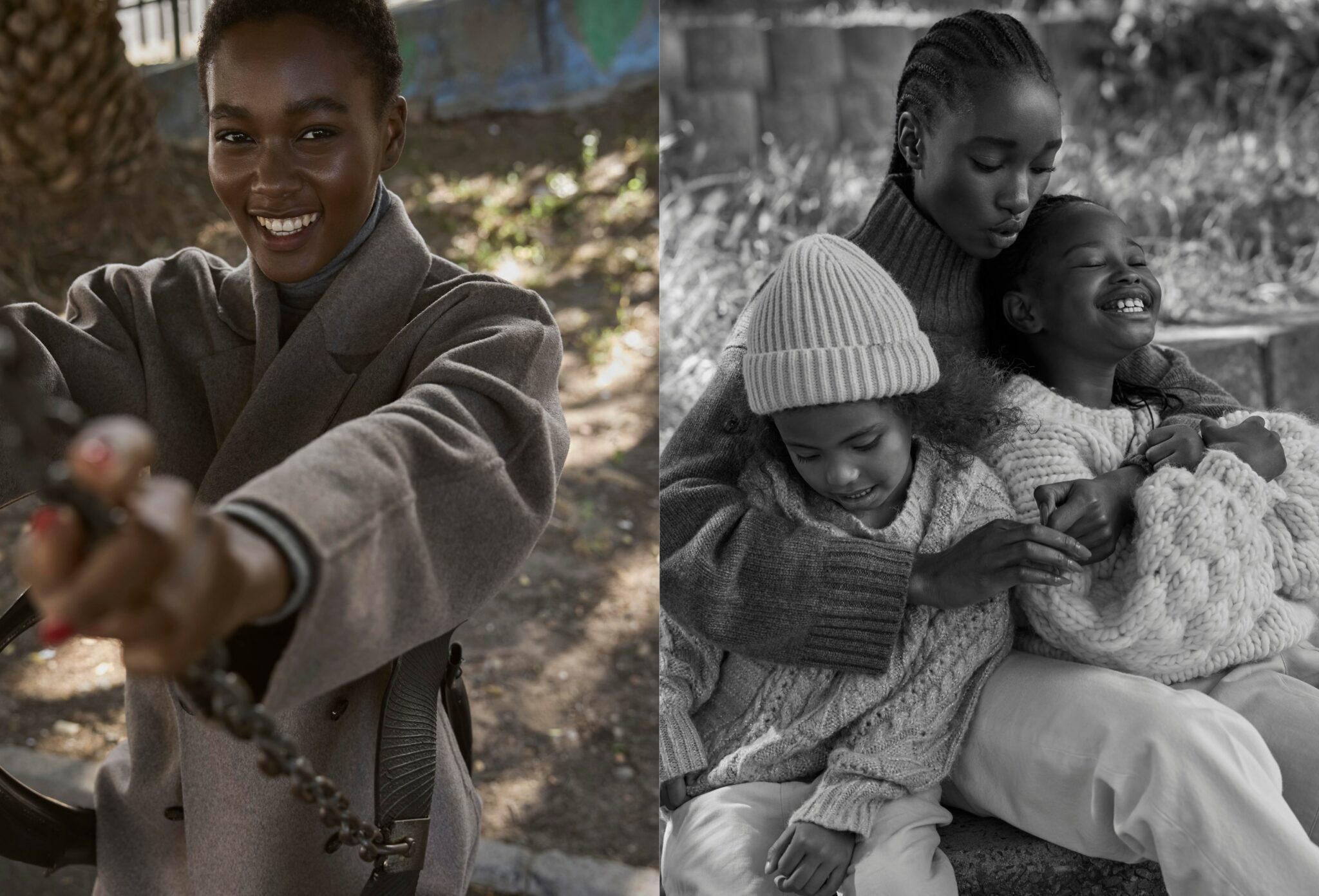 Left: colour close-up of a woman smiling brightly while holding onto a swing chain, her grey coat catching the light as she leans forward. Right: black-and-white photo of a woman sitting on steps cuddling two children in chunky knit sweaters — one child wears a ribbed beanie and looks down, while the other laughs with eyes closed as she hugs them close. Playdate, kids fashion editorial FW25 published on Scimparello Magazine, photographed by Jaan-Eric Fischer and styled by Ulrike Kache.